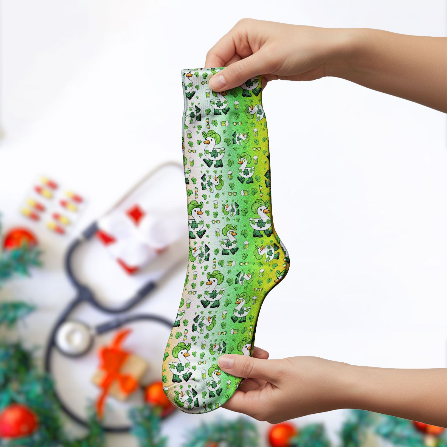 St. Patrick Goose Shamrock Medical Pattern Socks, Breathable Fabrics Medical Uniform