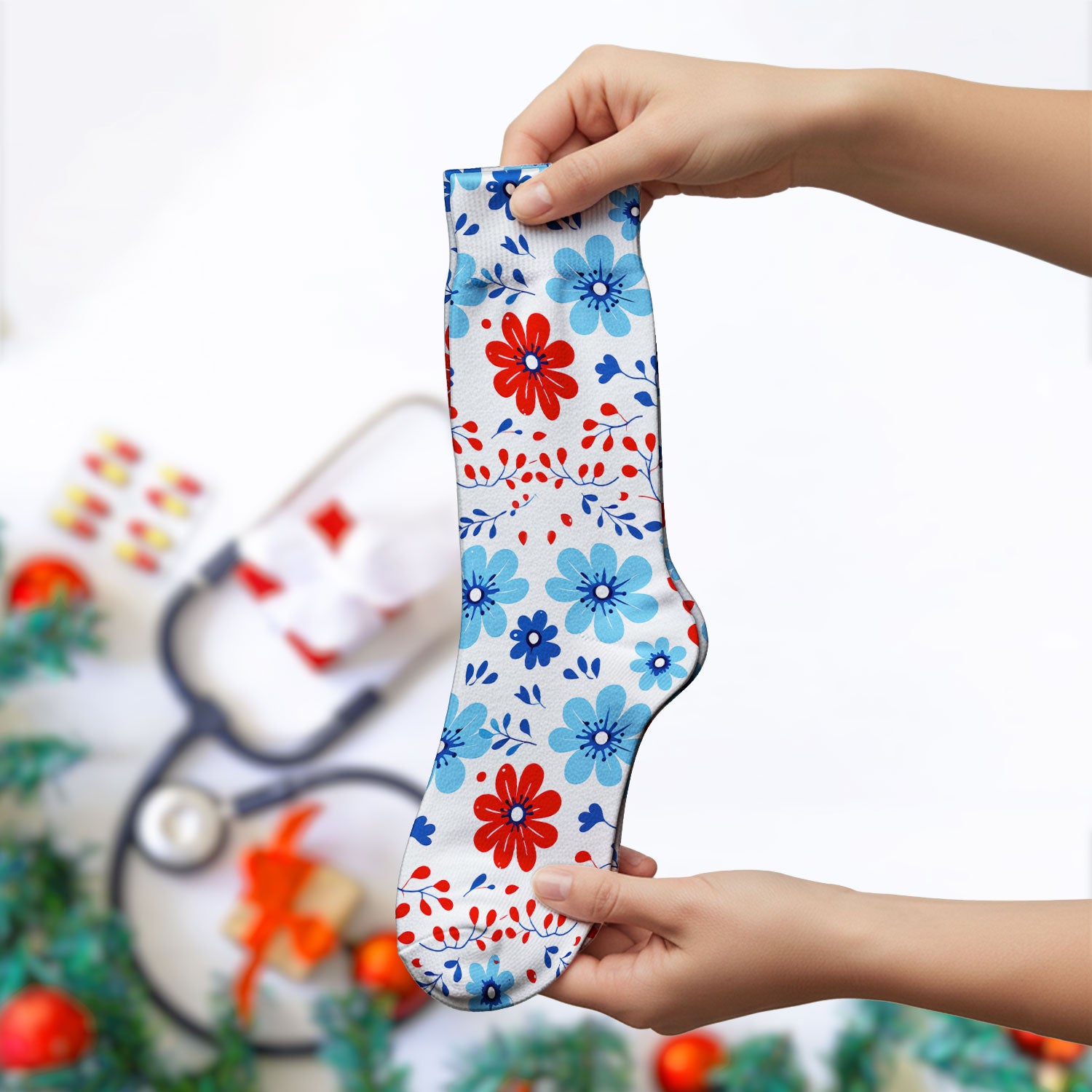 Symmetrical Folk Floral Heart Pattern Socks, Socks for Nurse Doctor