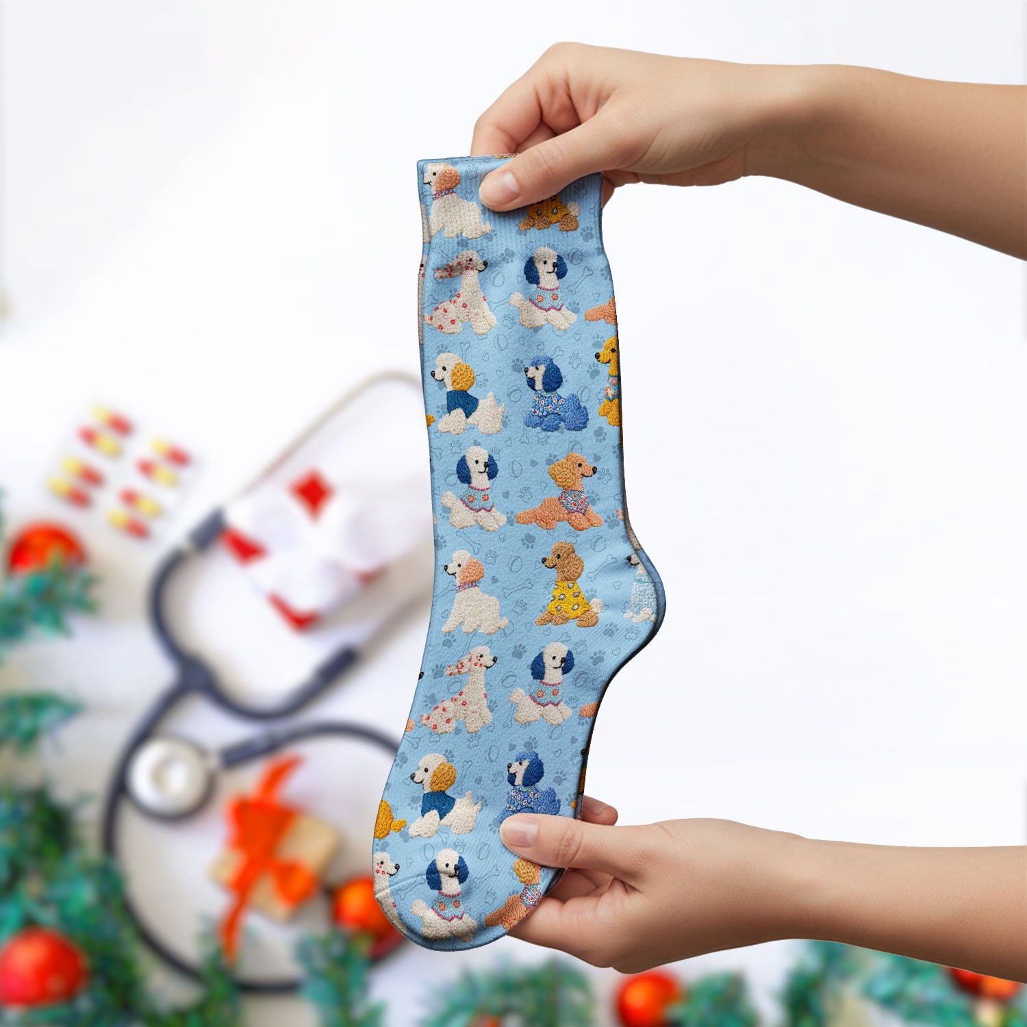 Cute Colorful Poodle Pattern Socks, Breathable Fabrics Medical Uniform