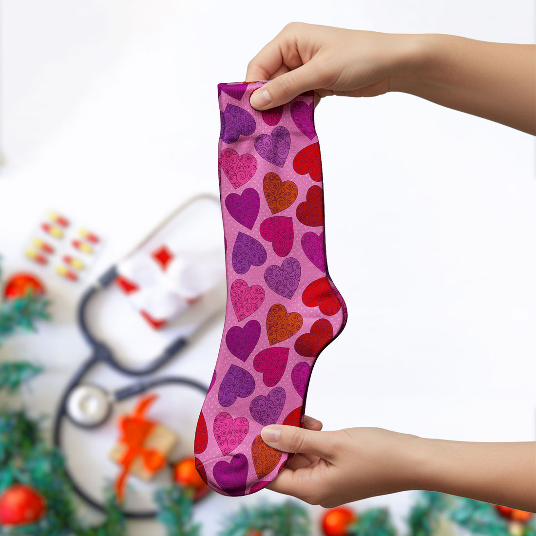 Women’s Pink Heart Scrub Socks, Valentine Heart Pattern Nurse Sock, Comfortable Scrubs For Nursing