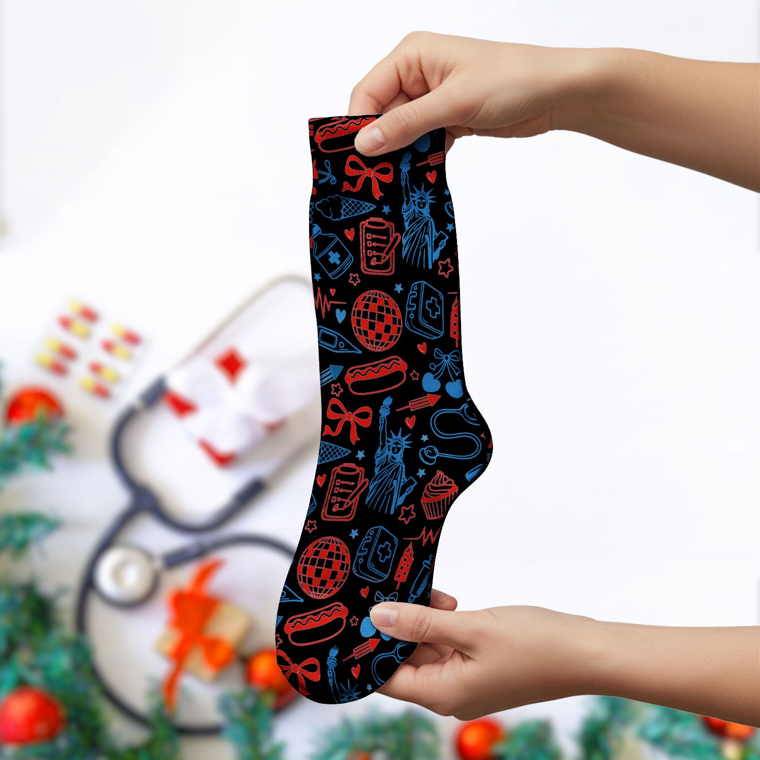 Patriotic Nurse Medical Icons Pattern Print Socks, Adult Socks for Men and Women