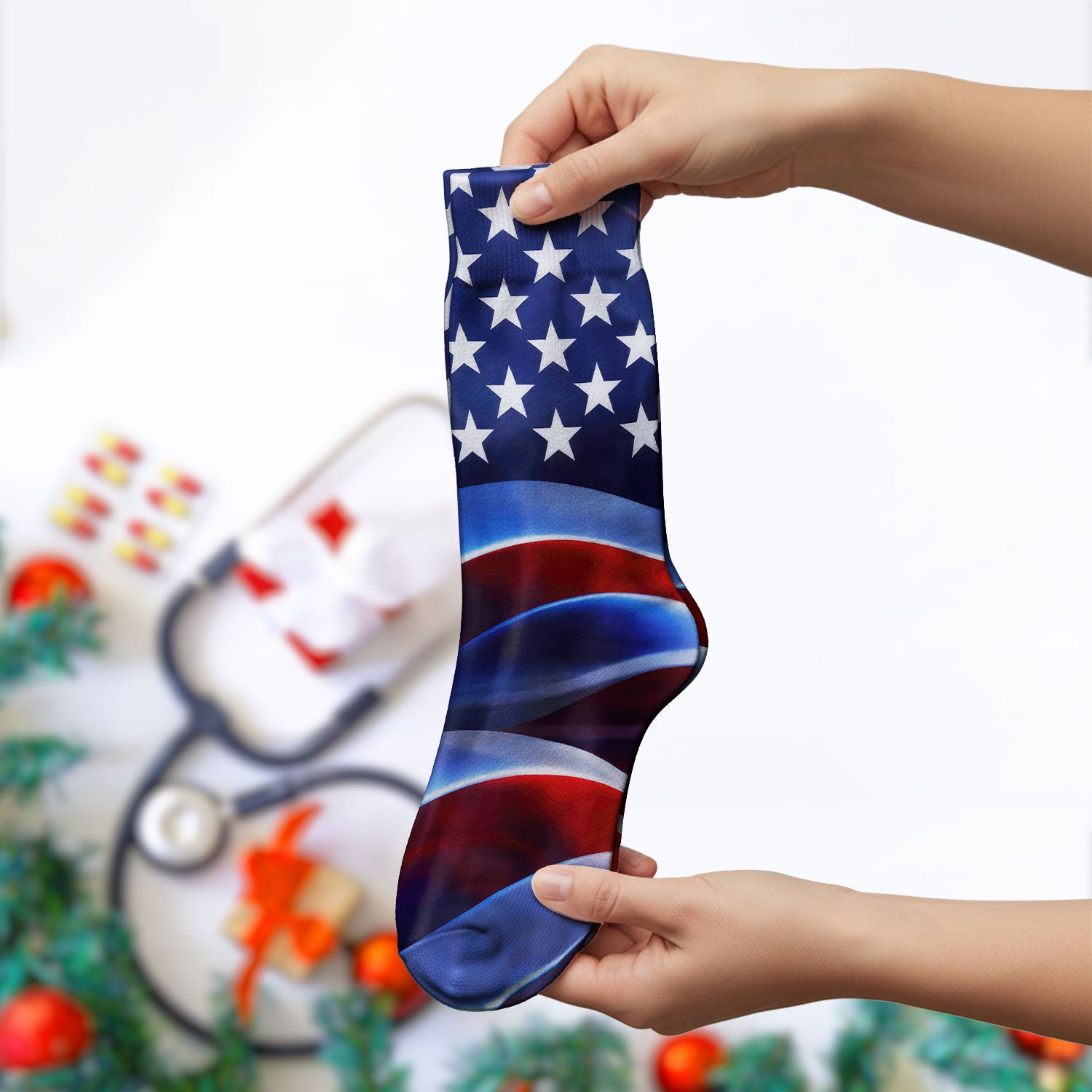American Flag Stars Stripes Pattern Nurse Socks, Adult Socks for Men and Women