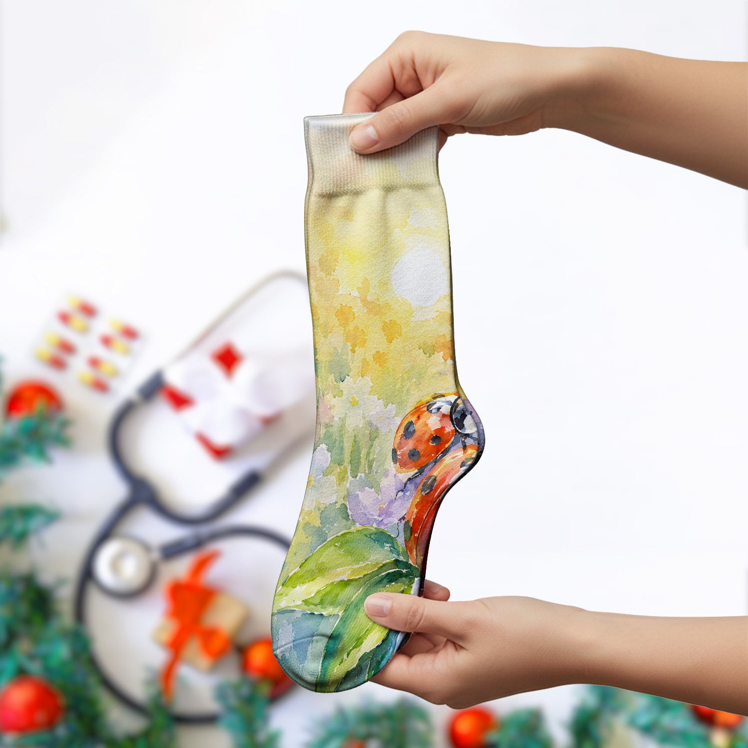 Ladybug Spring Flower Garden Print Socks, Adult Socks for Men and Women