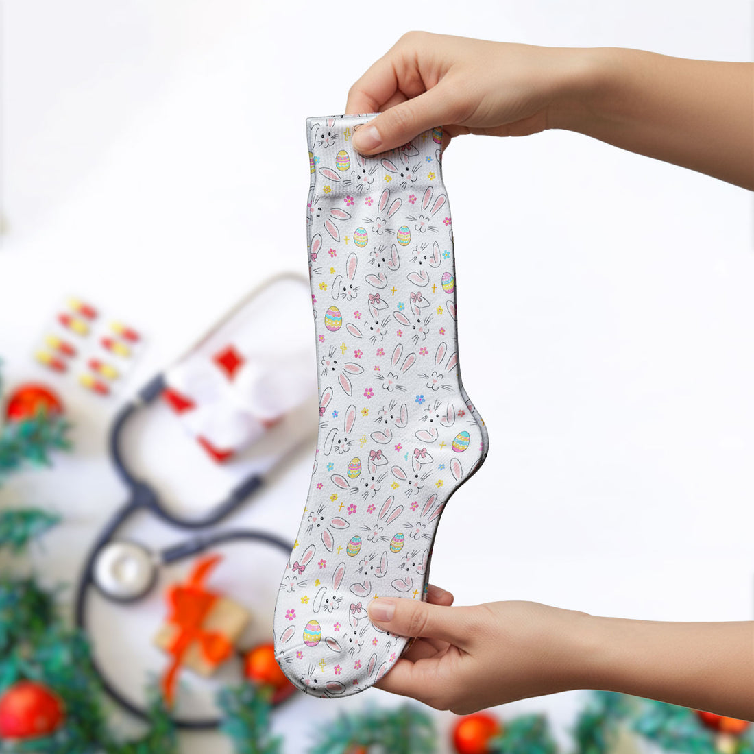 Easter Bunny Faces And Pastel Egg Print Socks, Breathable Fabrics Medical Uniform