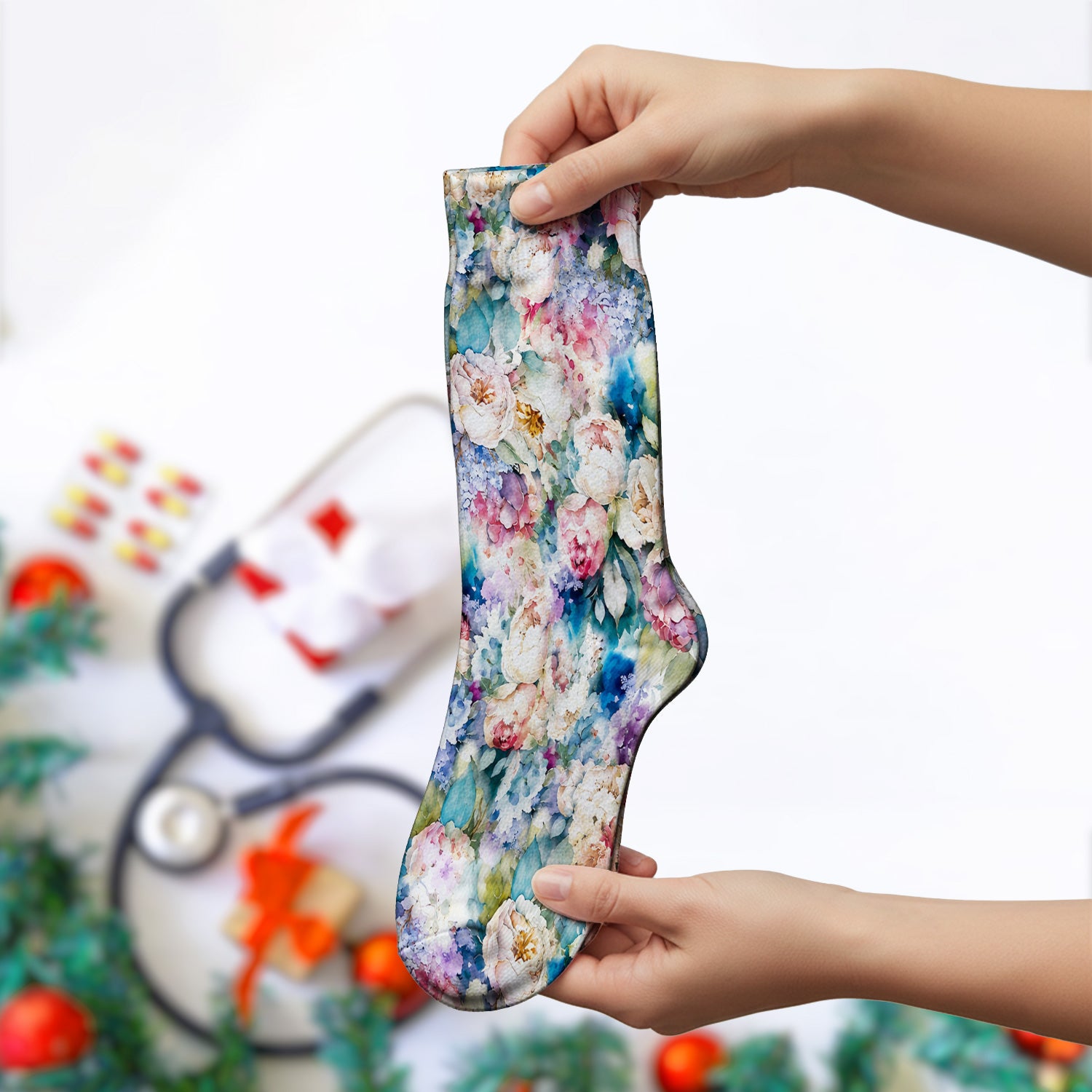 Watercolor Peony Hydrangea Floral Print Socks, Adult Socks for Men and Women
