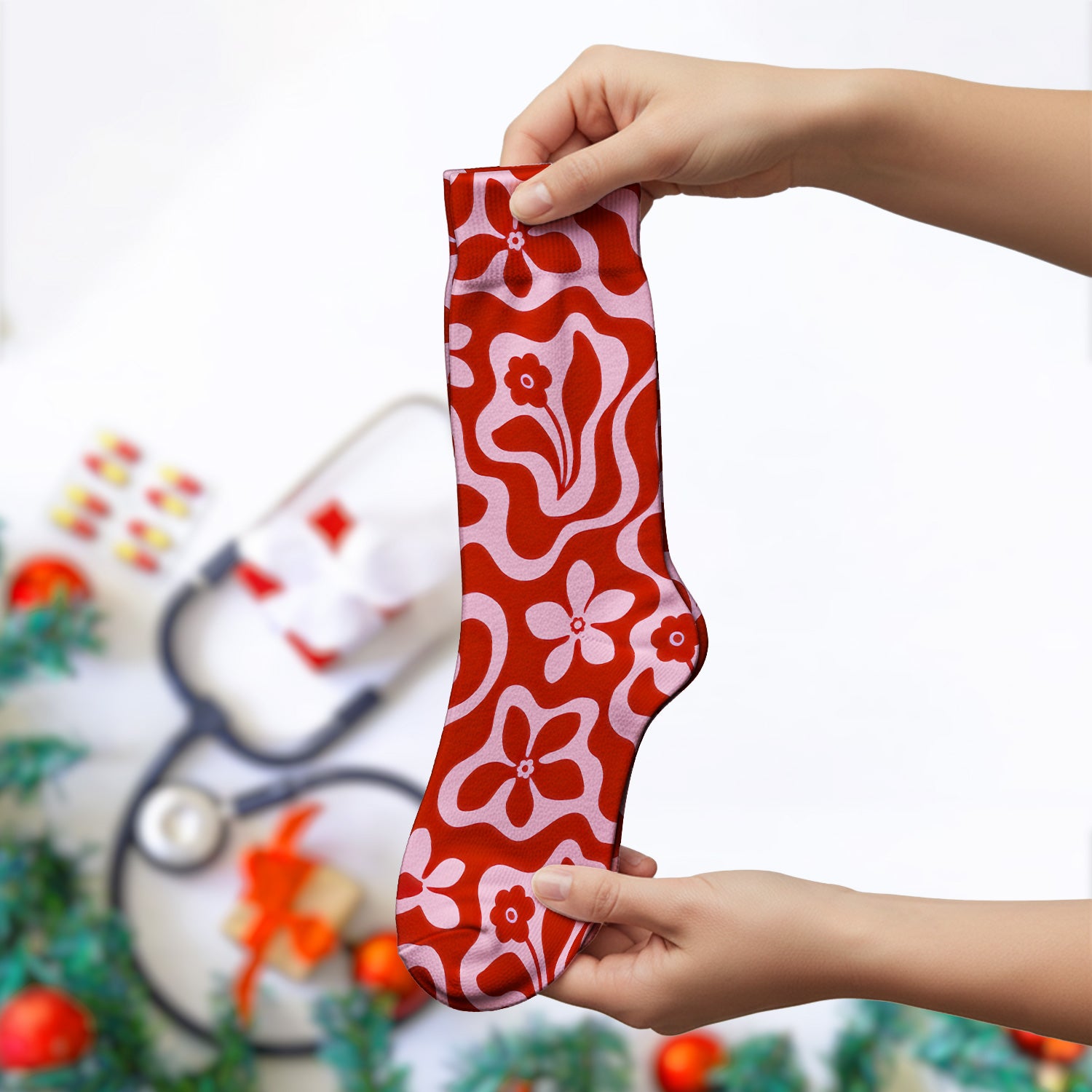 Retro Pink Floral Pattern, Groovy Medical Socks, Adult Socks for Men and Women