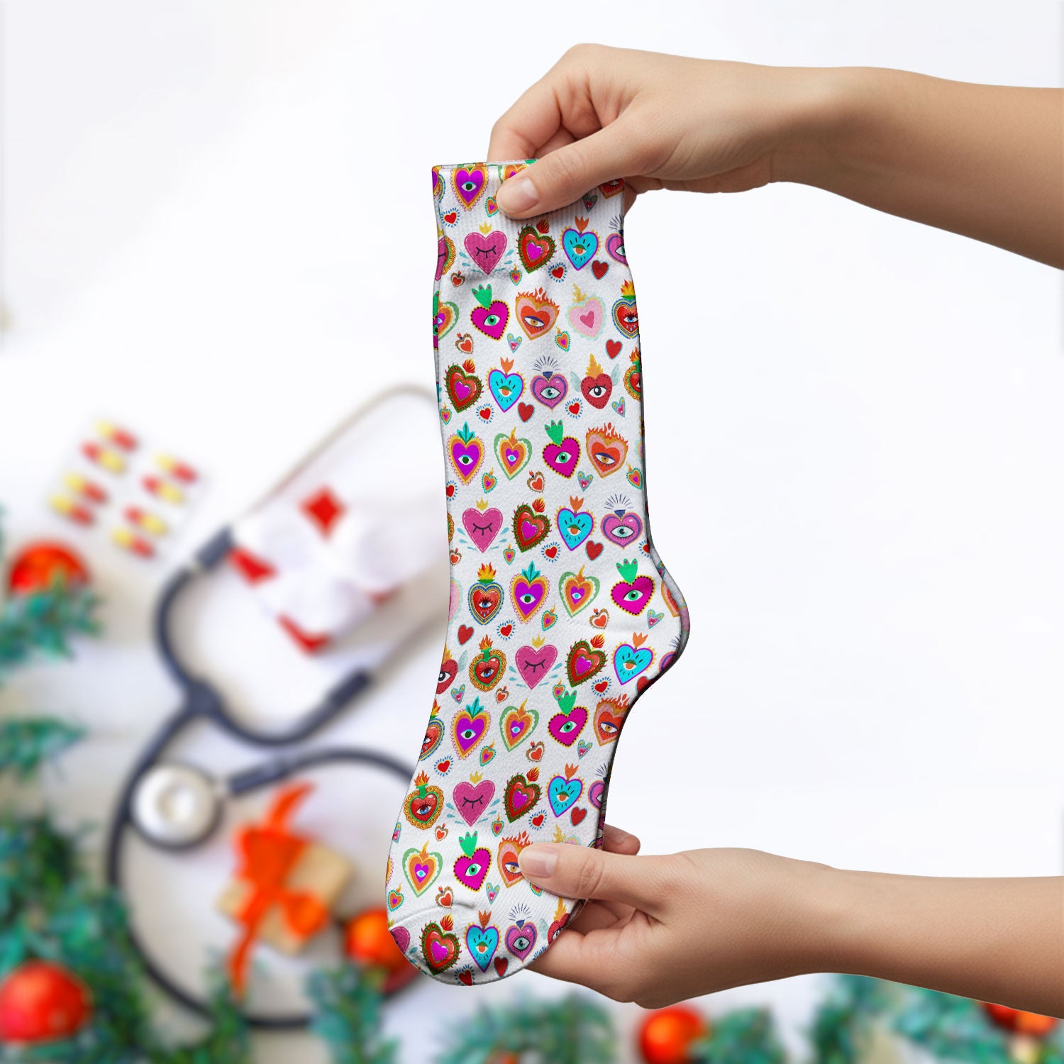 Valentine Colorful Sacred Heart Print Medical Socks, Breathable Fabrics Medical Uniform