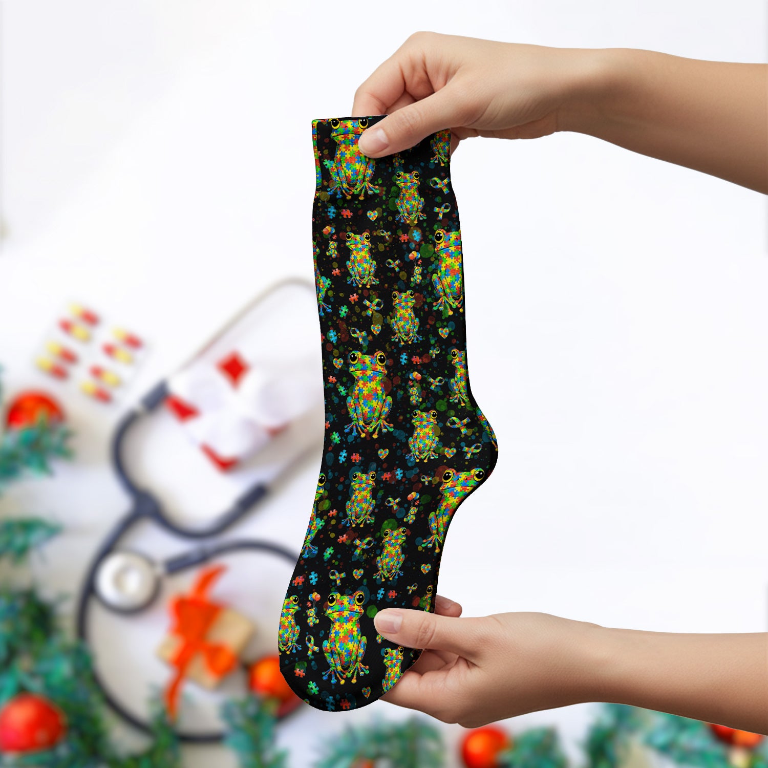 Colorful Autism Puzzle Frog Pattern Socks, Adult Socks for Men and Women