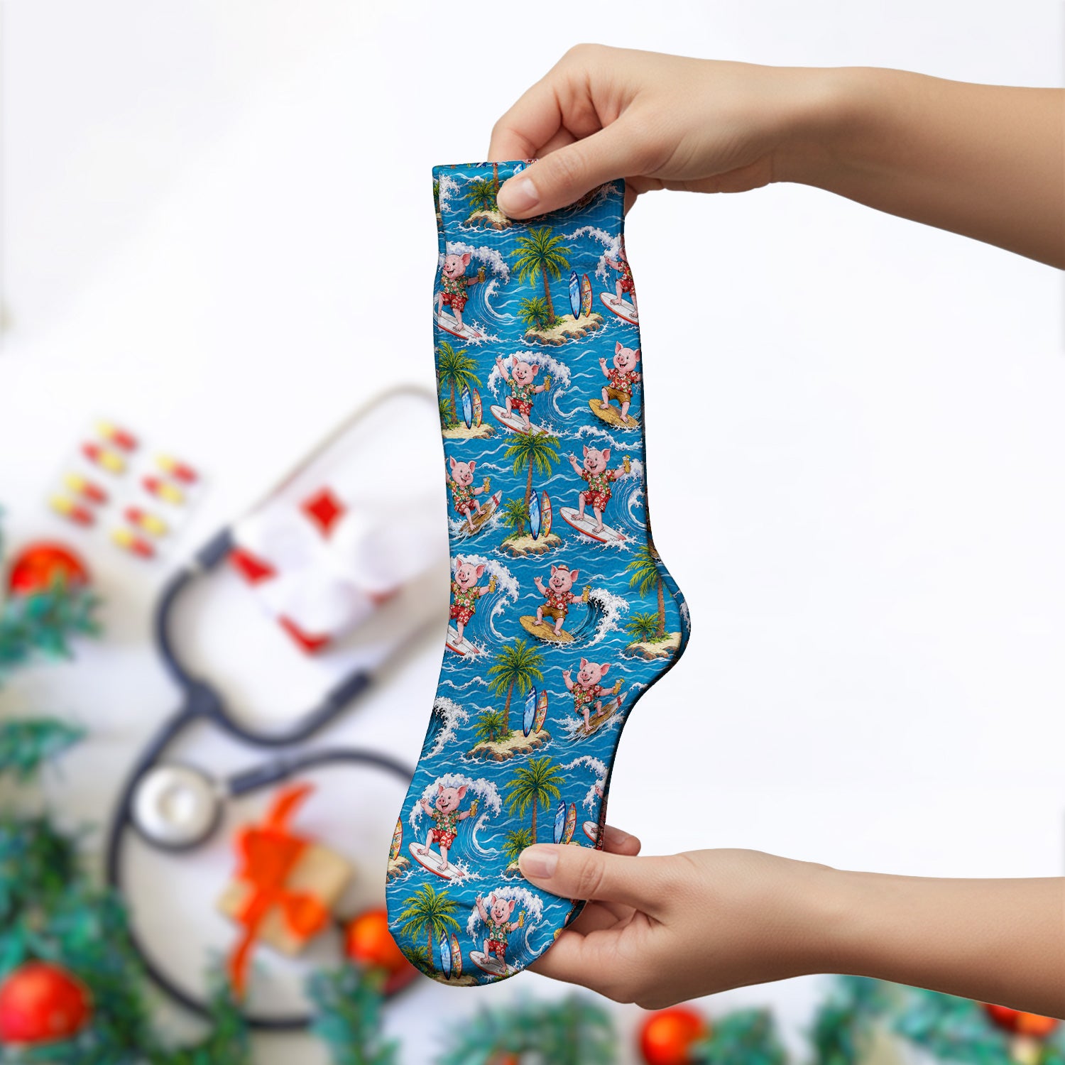 Tropical Surfing Pig Island Pattern Socks, Adult Socks for Men and Women