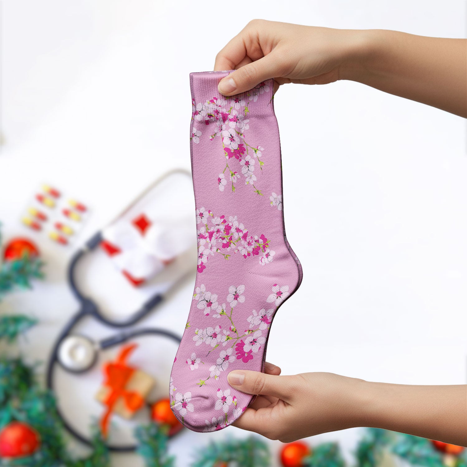 Elegant Cherry Blossom Floral Pattern Socks, Breathable Fabrics Medical Uniform