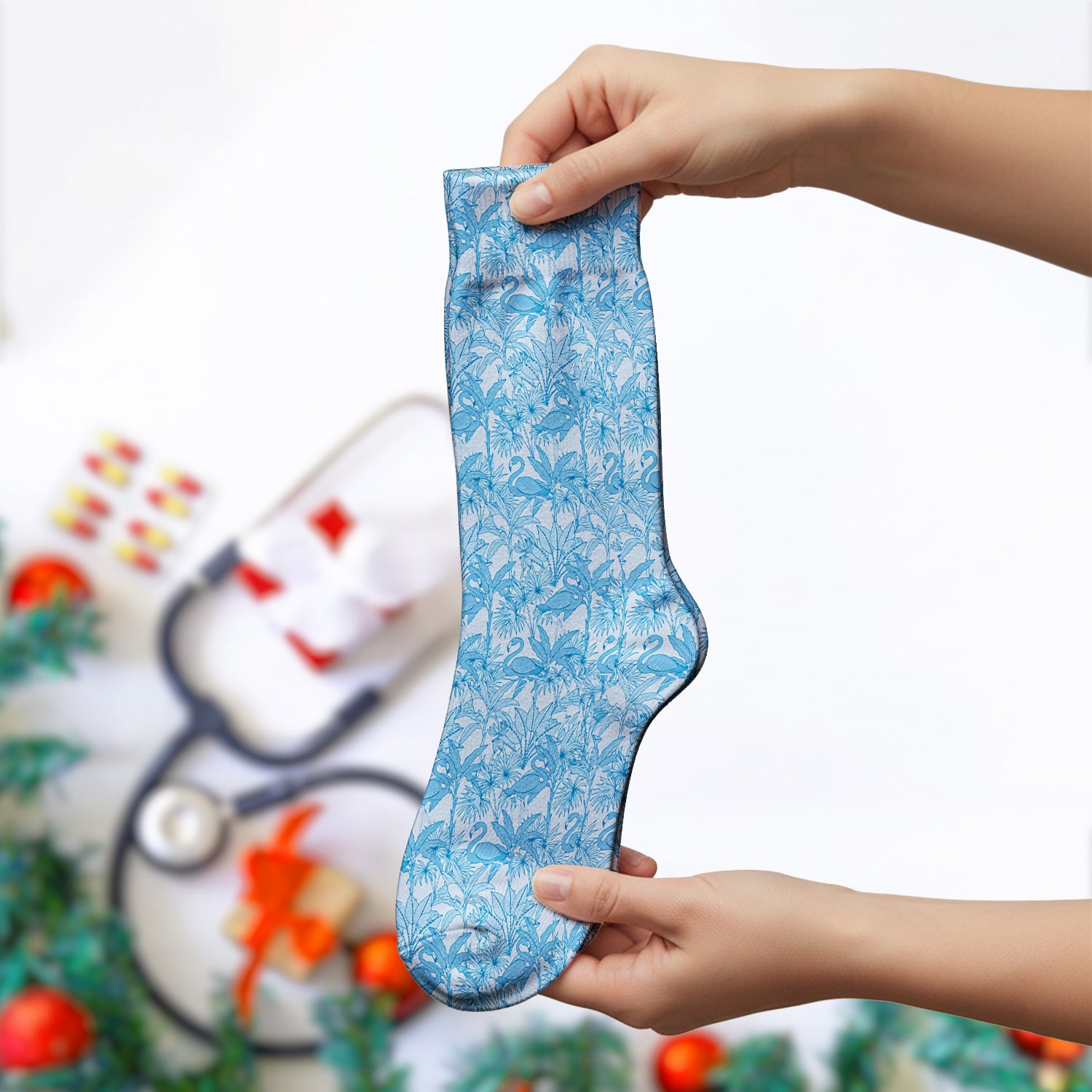 Tropical Flamingo Palm Leaves Pattern Socks, Breathable Fabrics Medical Uniform