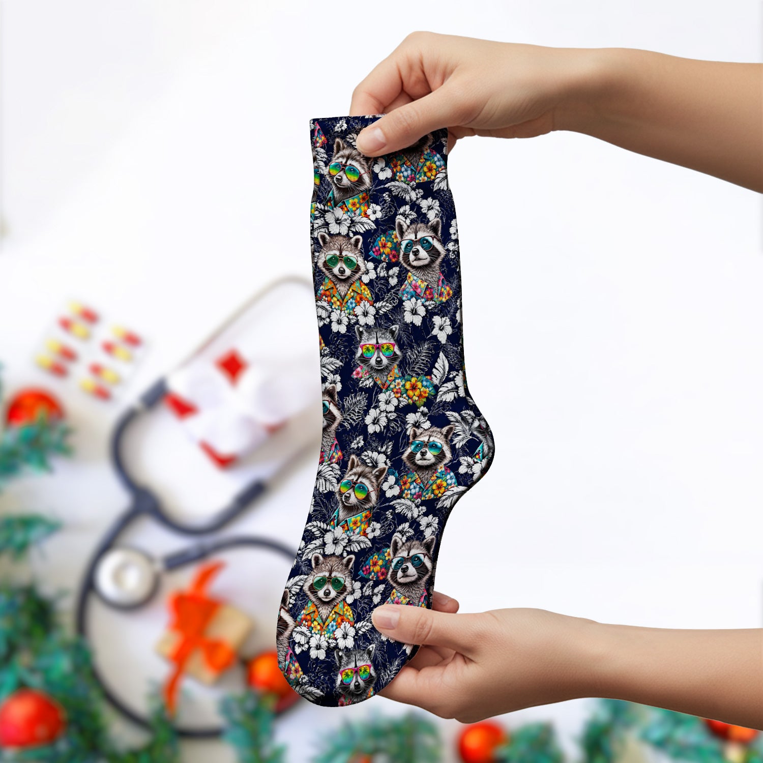 Tropical Raccoon Floral Pattern Socks, Adult Socks for Men and Women