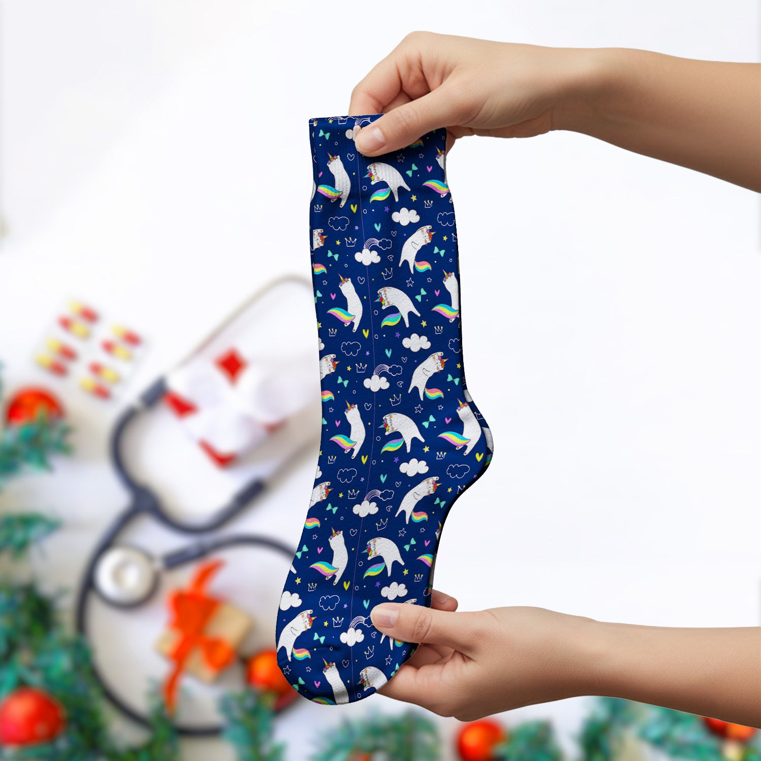 Unicorn Cat With Rainbow Tail Clouds Socks, Breathable Fabrics Medical Uniform