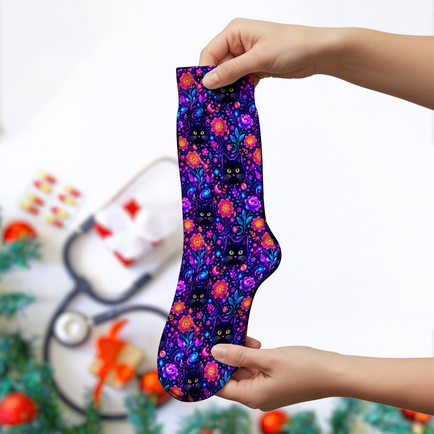 Galaxy Black Cat Floral Pattern Socks, Adult Socks for Men and Women