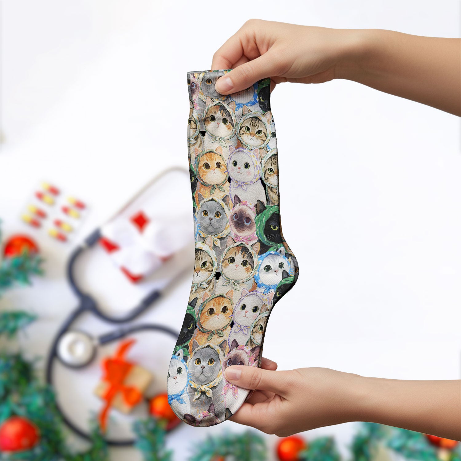 Adorable Multi Cat Portrait Pattern Socks, Adult Socks for Men and Women