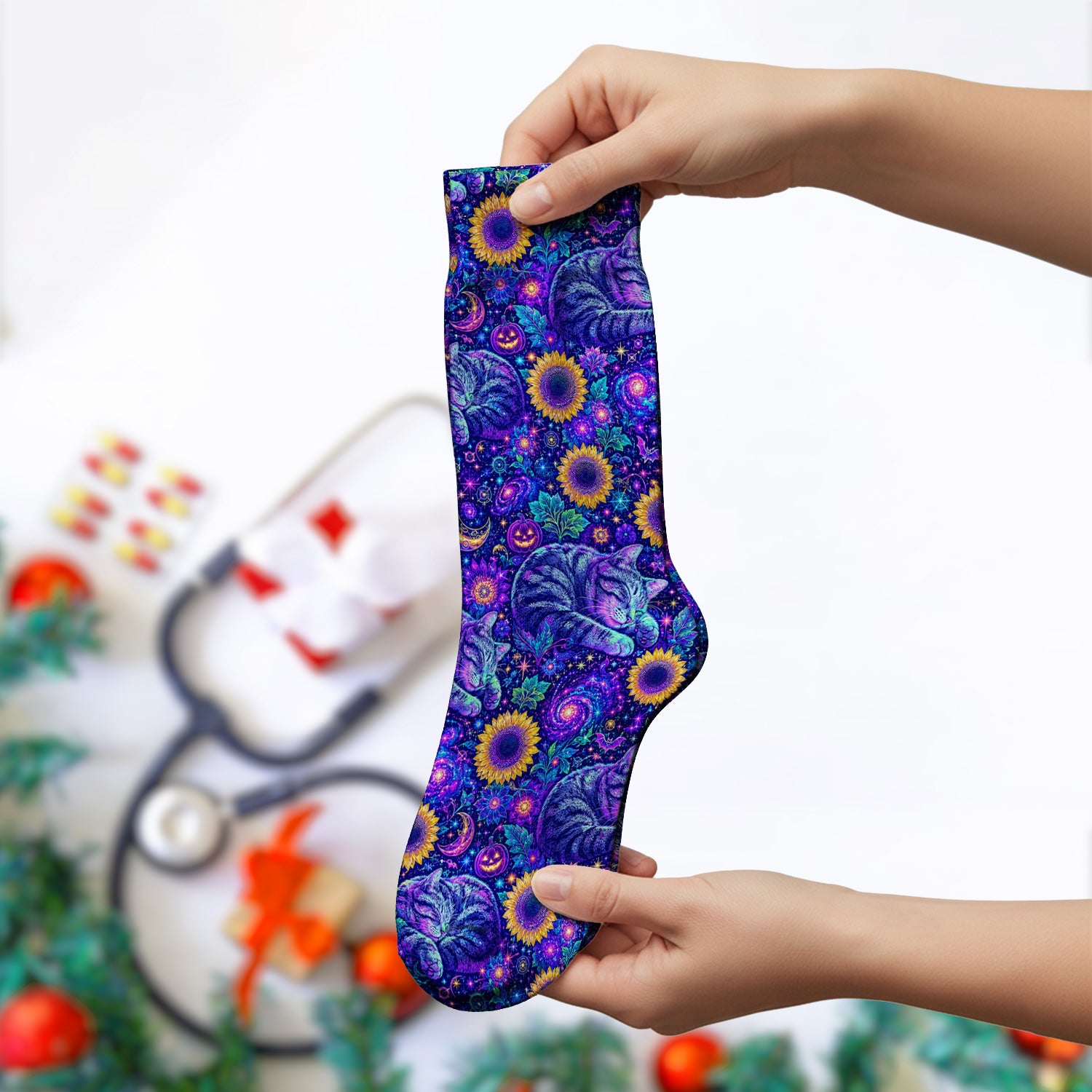 Spooky Galaxy Cat And Sunflowers Socks, Adult Socks for Men and Women