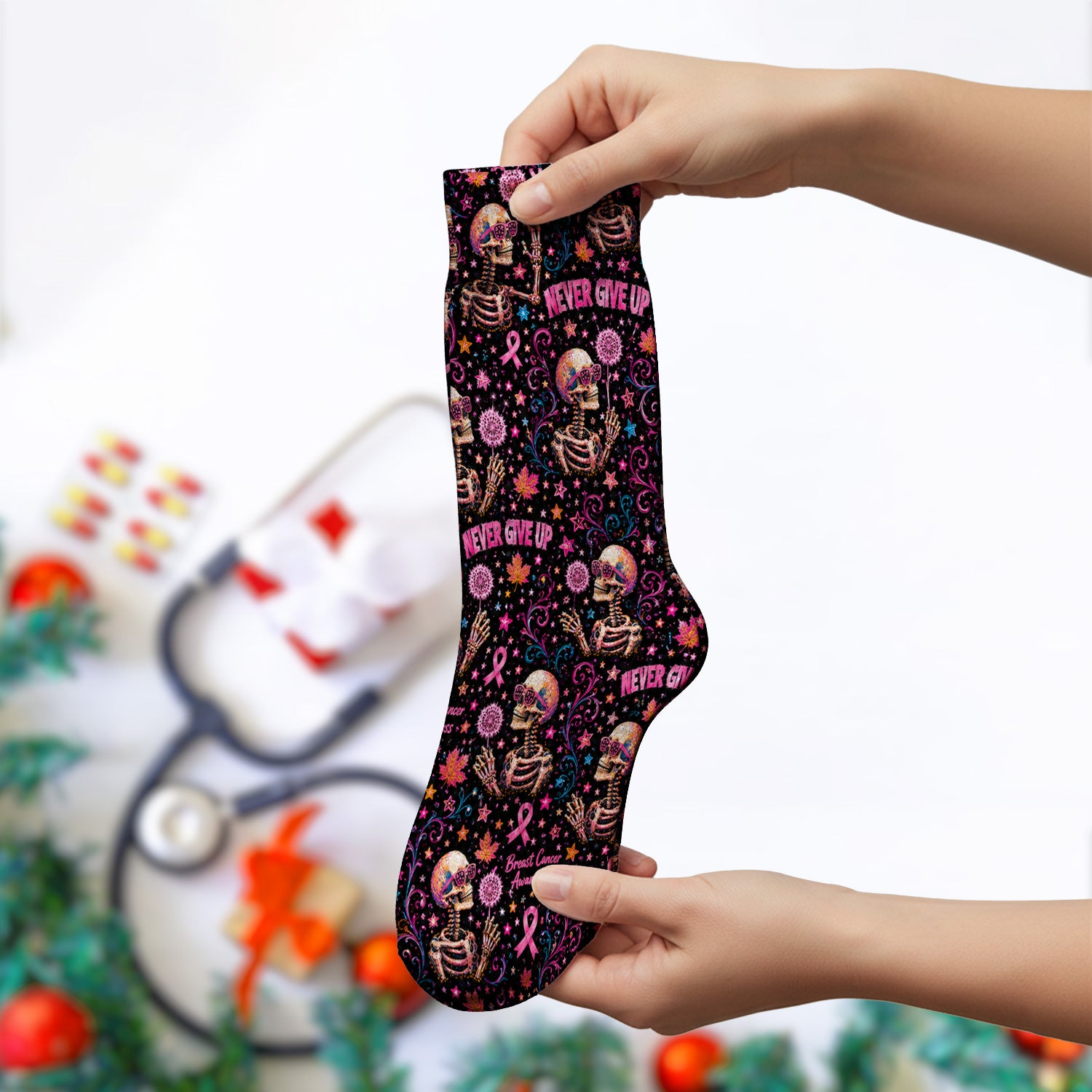 Breast Cancer Awareness Skeletons Pattern Socks, Adult Socks for Men and Women