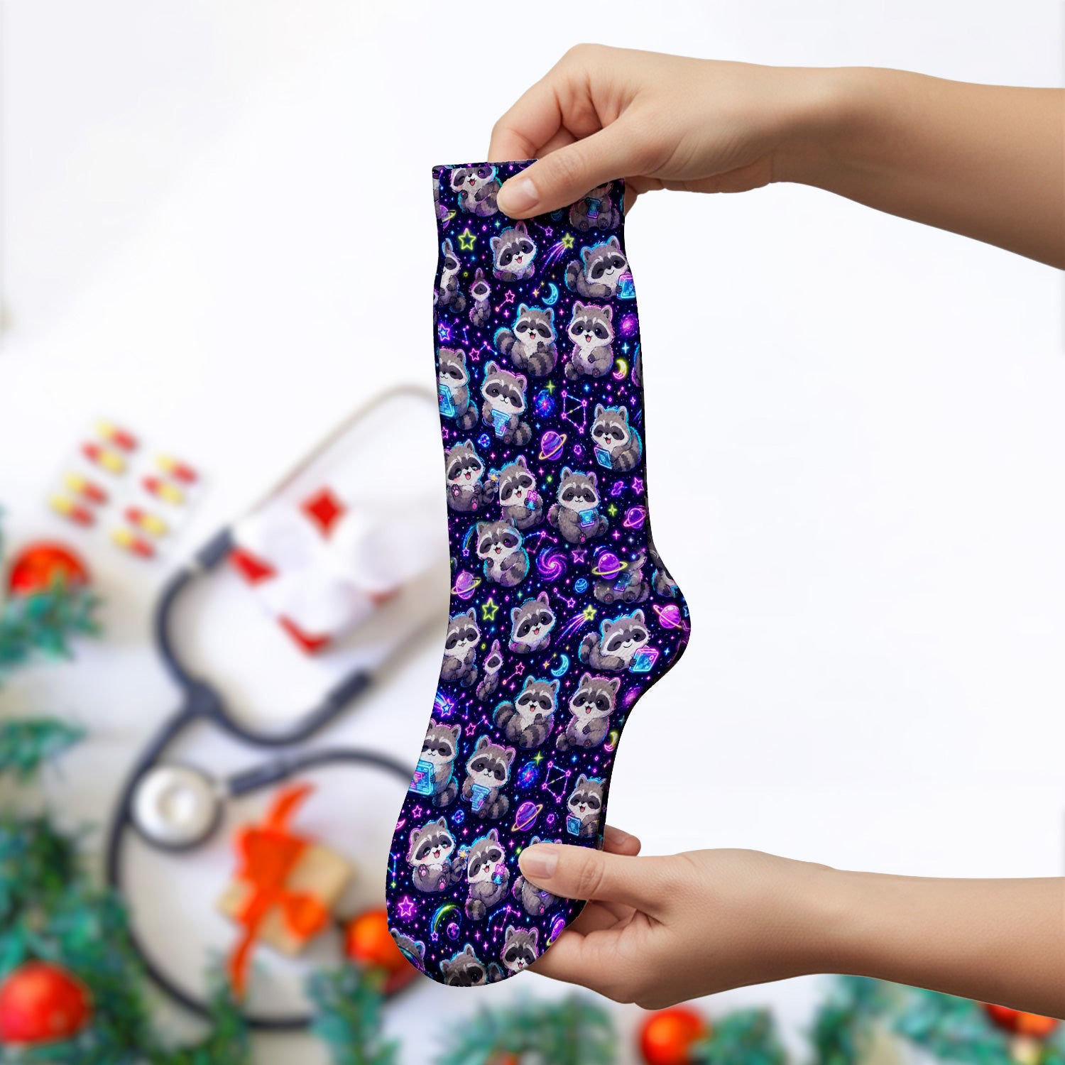 Neon Galaxy Raccoon Space Pattern Socks, Adult Socks for Men and Women