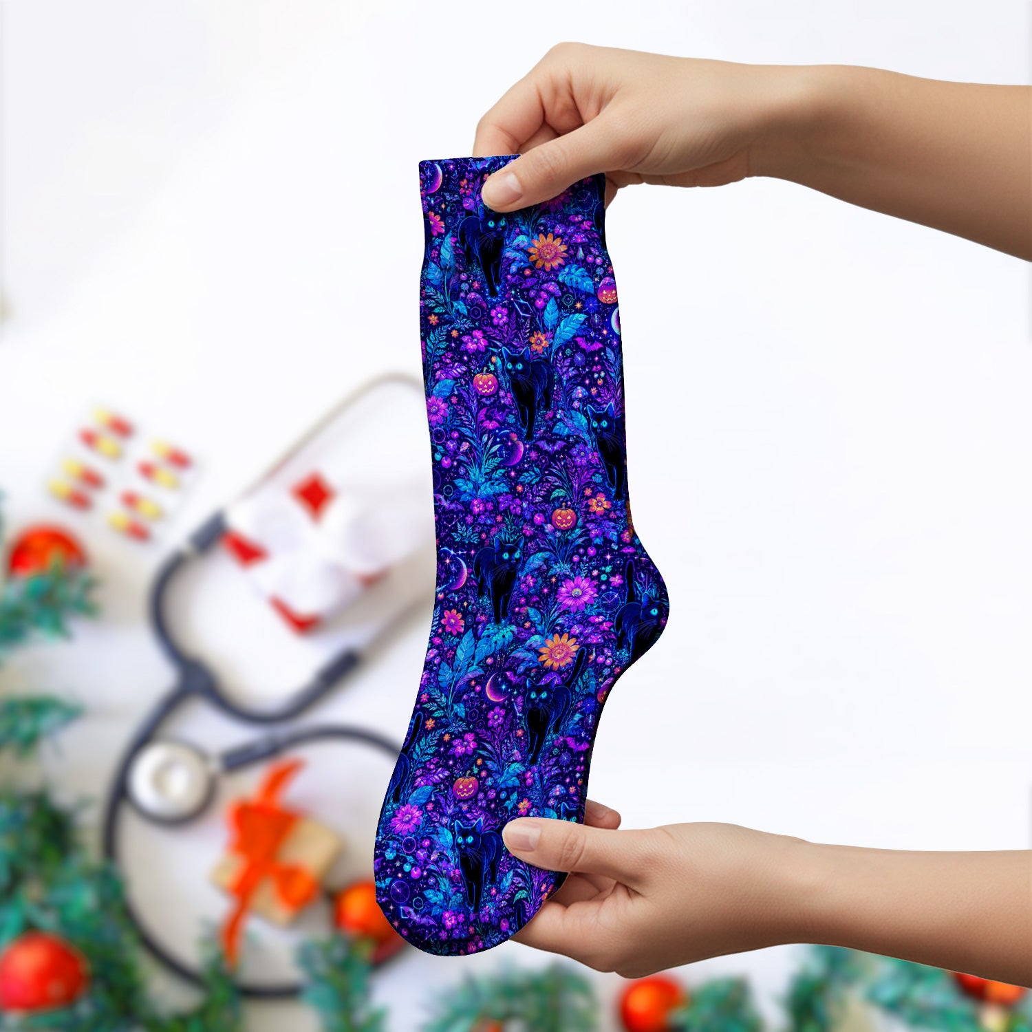 Halloween Black Cat Floral Print Socks, Adult Socks for Men and Women