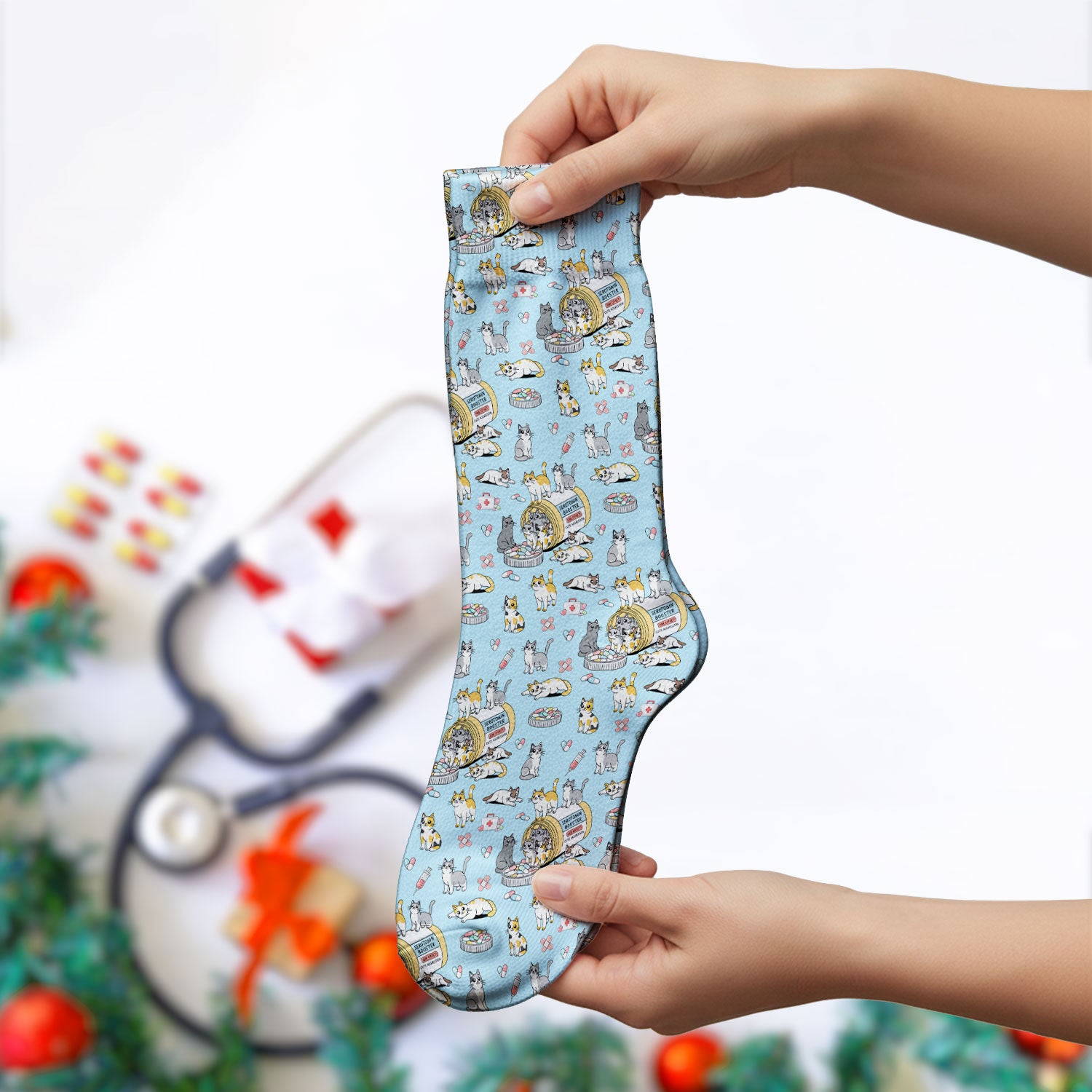Cute Cat Serotonin Booster Pattern Medical Socks, Breathable Fabrics Medical Uniform