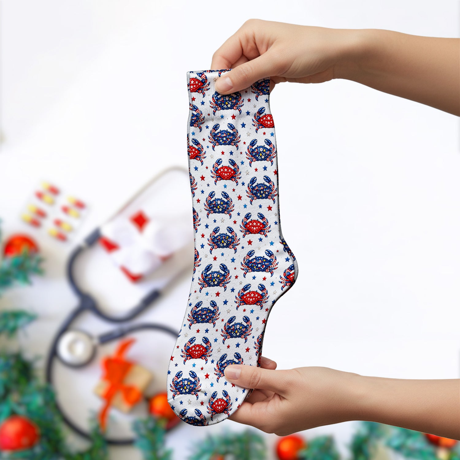 Patriotic Crab Stars Pattern Socks, Adult Socks for Men and Women