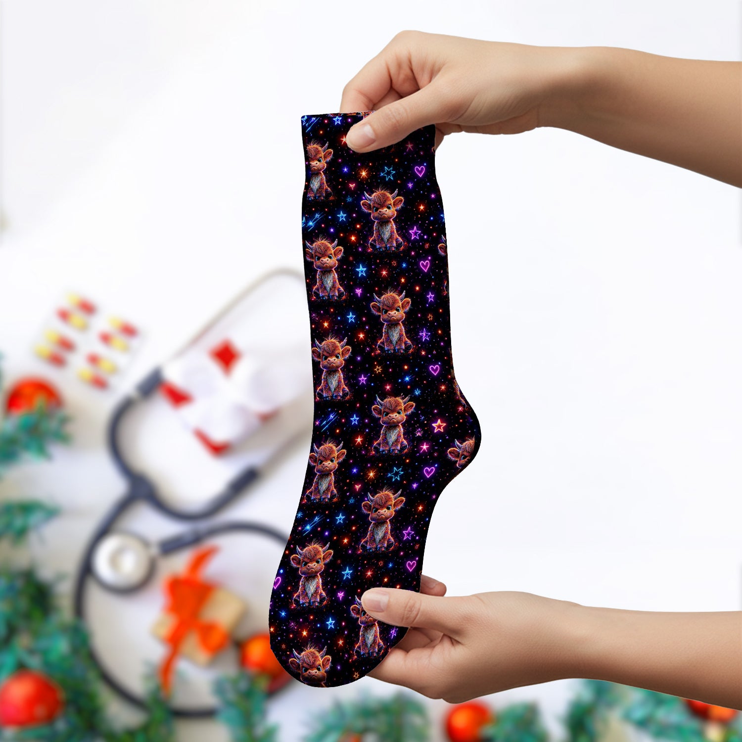 Neon Highland Cow Stars Pattern Socks, Adult Socks for Men and Women