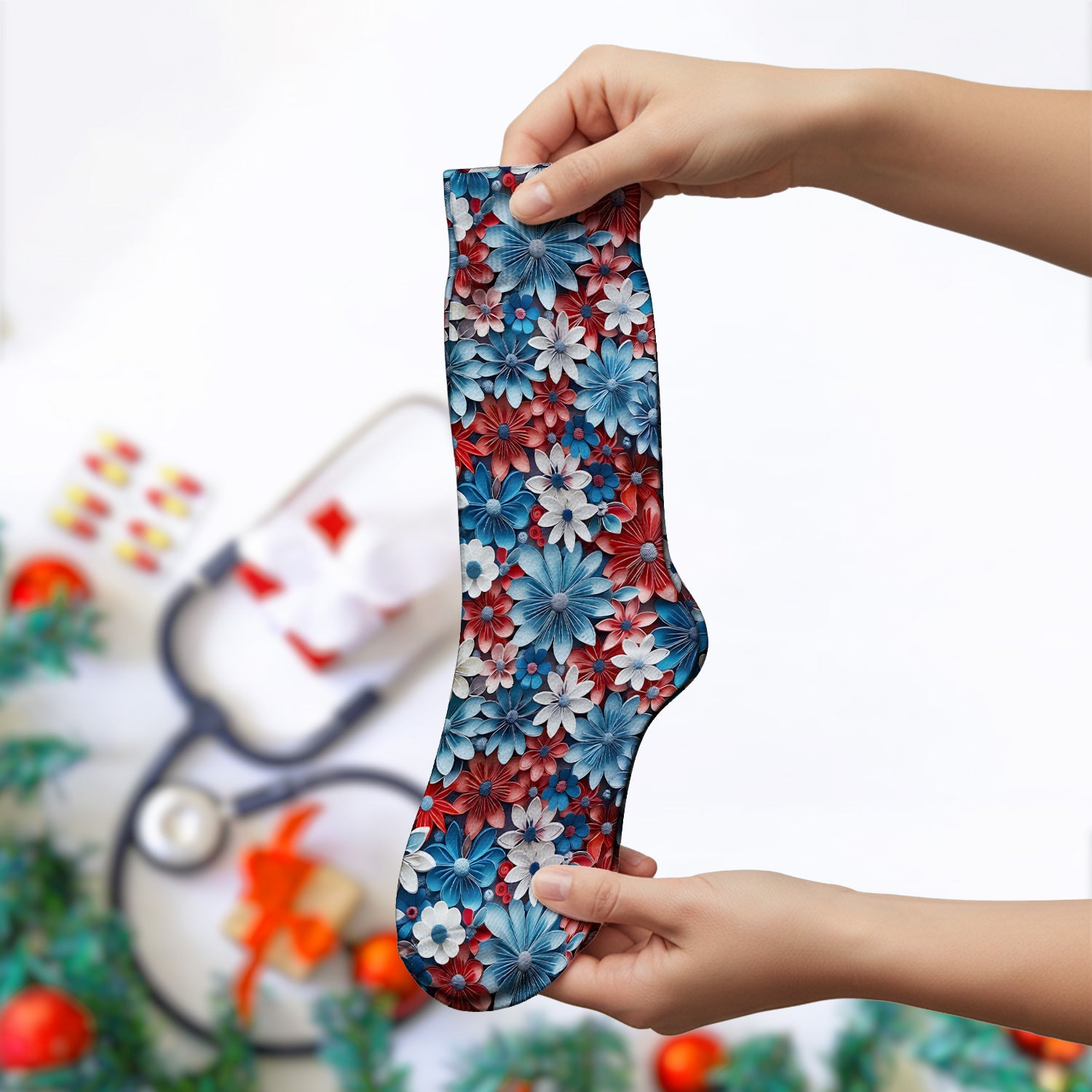 Patriotic 3D Floral Nurse for RN & CNA, Red Blue White Healthcare Workers Uniform Socks, Adult Socks for Men and Women