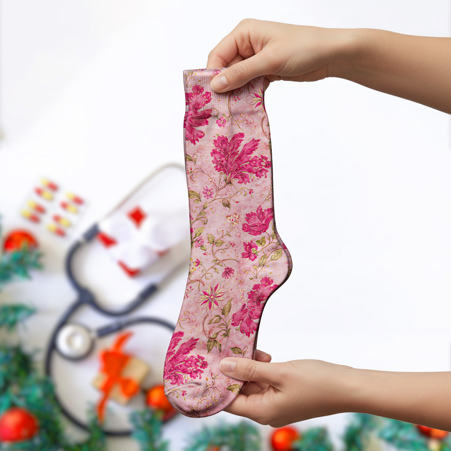 Elegant Pink Floral Vine Pattern Socks, Socks for Nurse Doctor