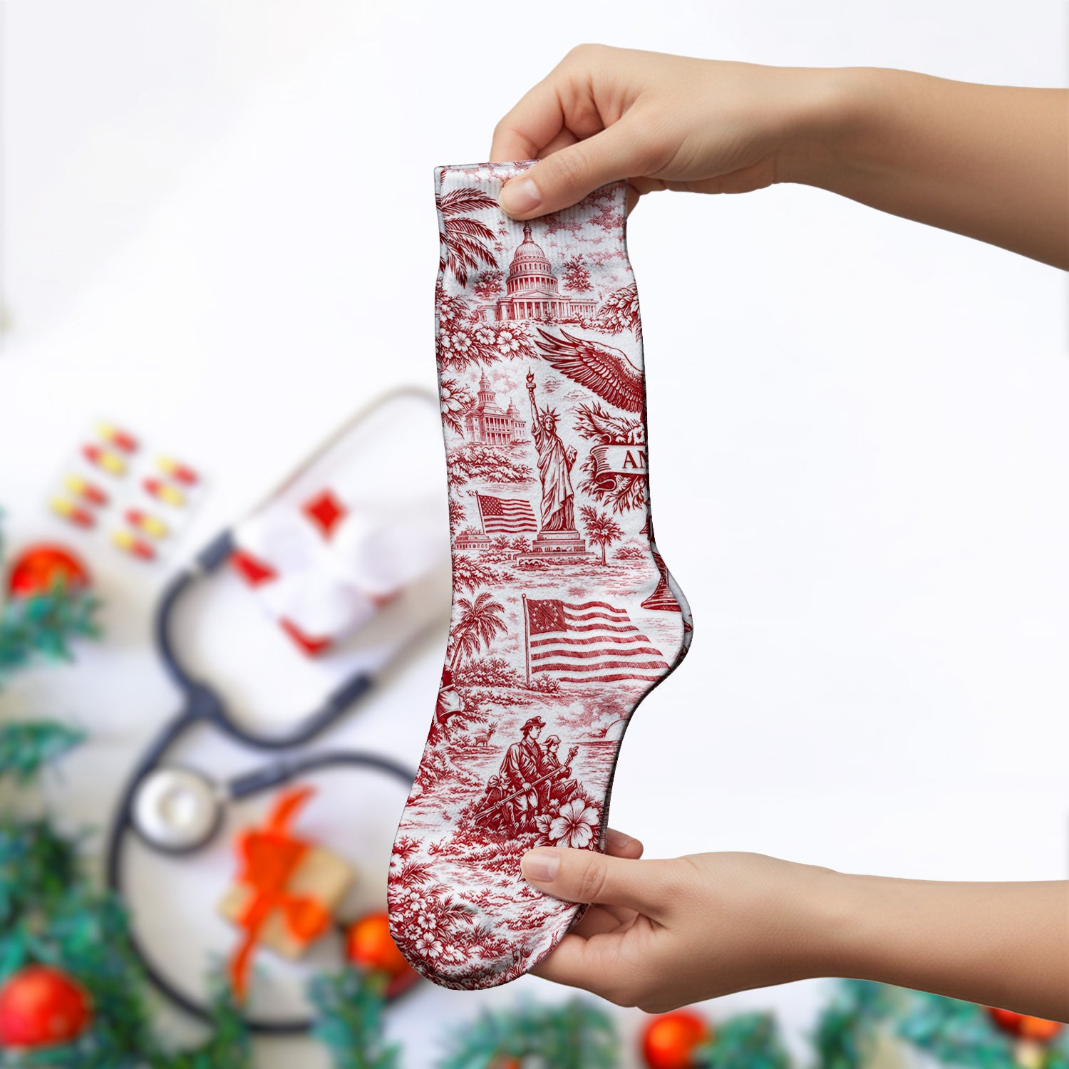 Patriotic America Heritage Toile Pattern Sock, Breathable Fabrics Medical Uniform