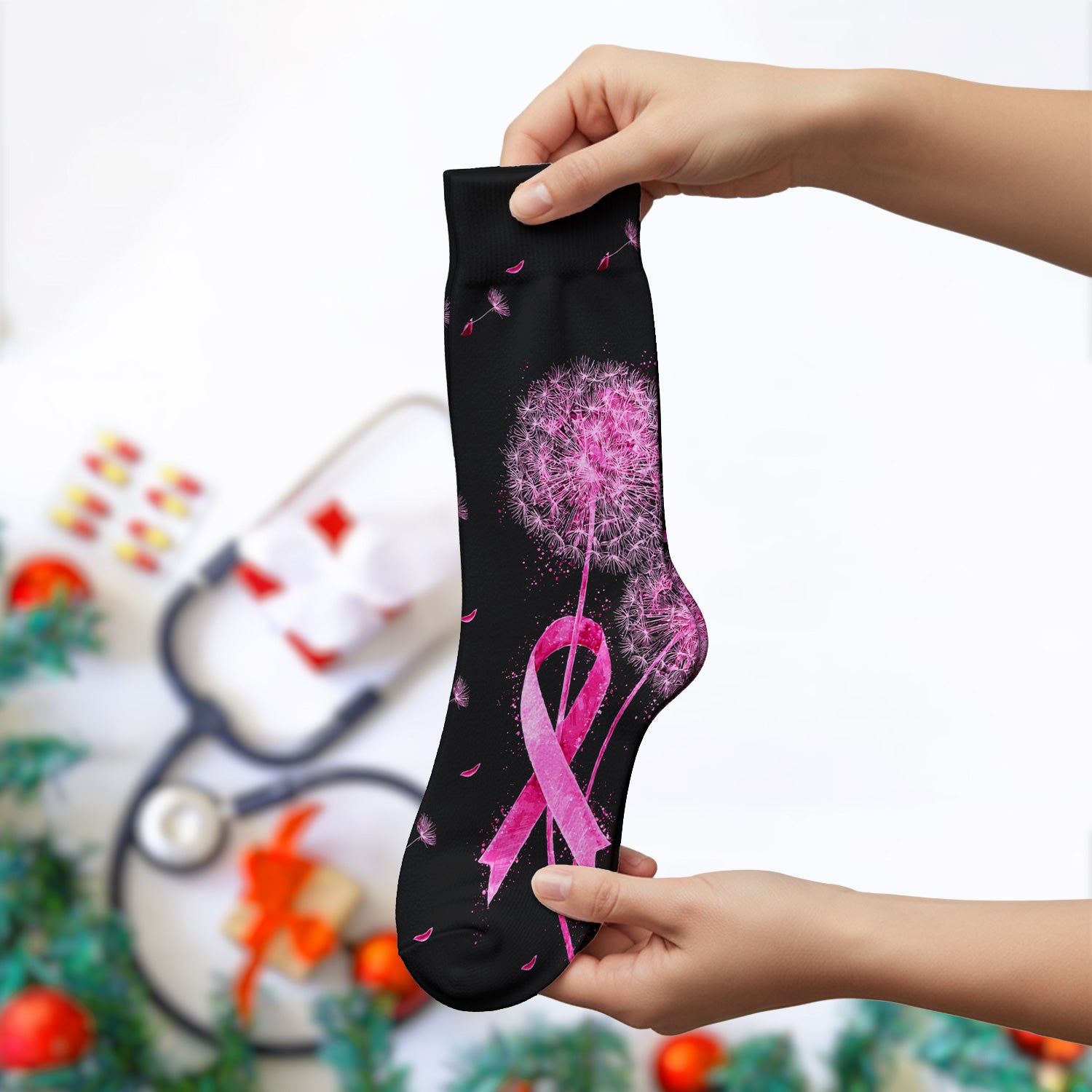 Meaningful Pink Ribbon Dandelion Socks, Adult Socks for Men and Women