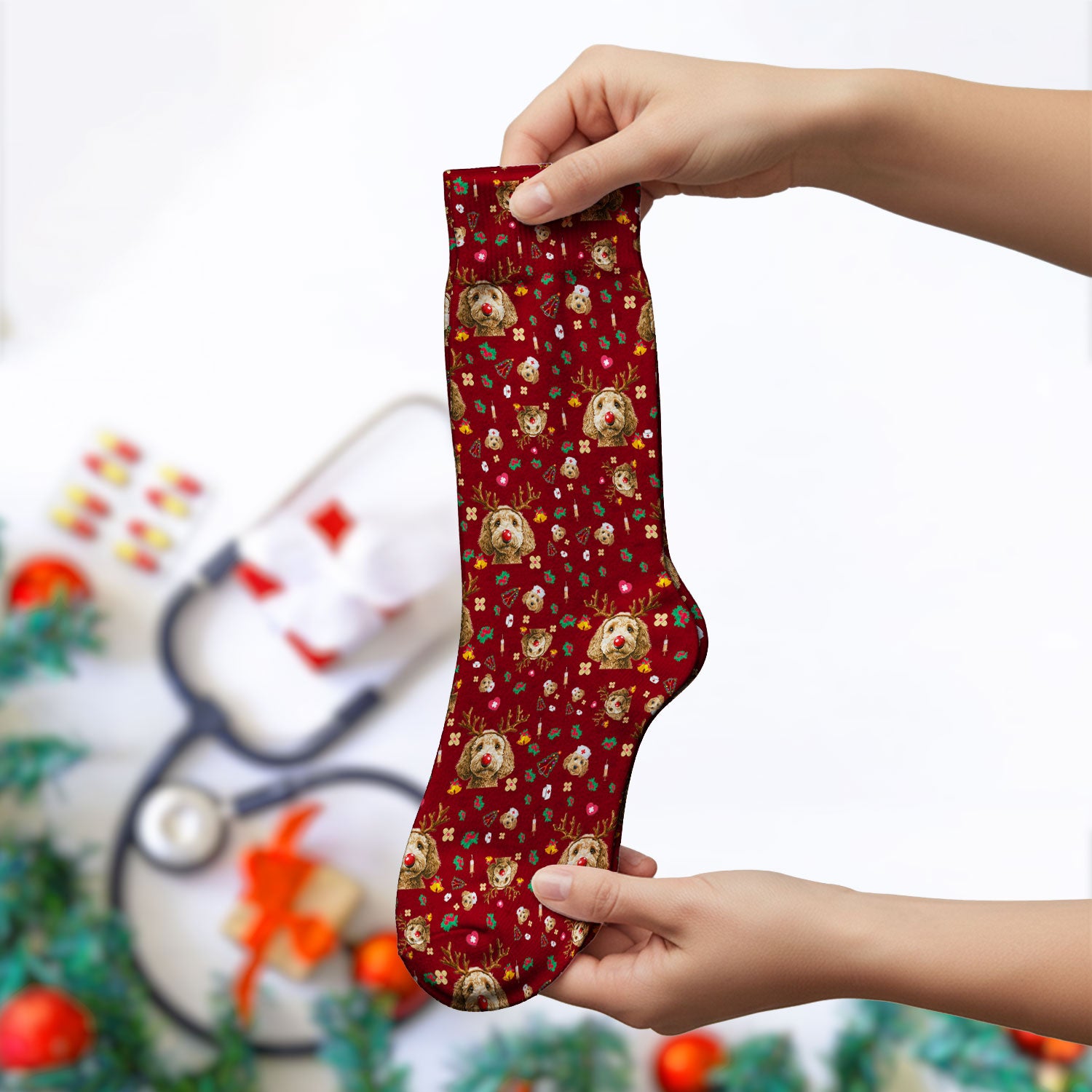 Christmas Labradoodle Socks for Nurse Doctor - Funny Reindeer Dog Adult Socks for Men and Women
