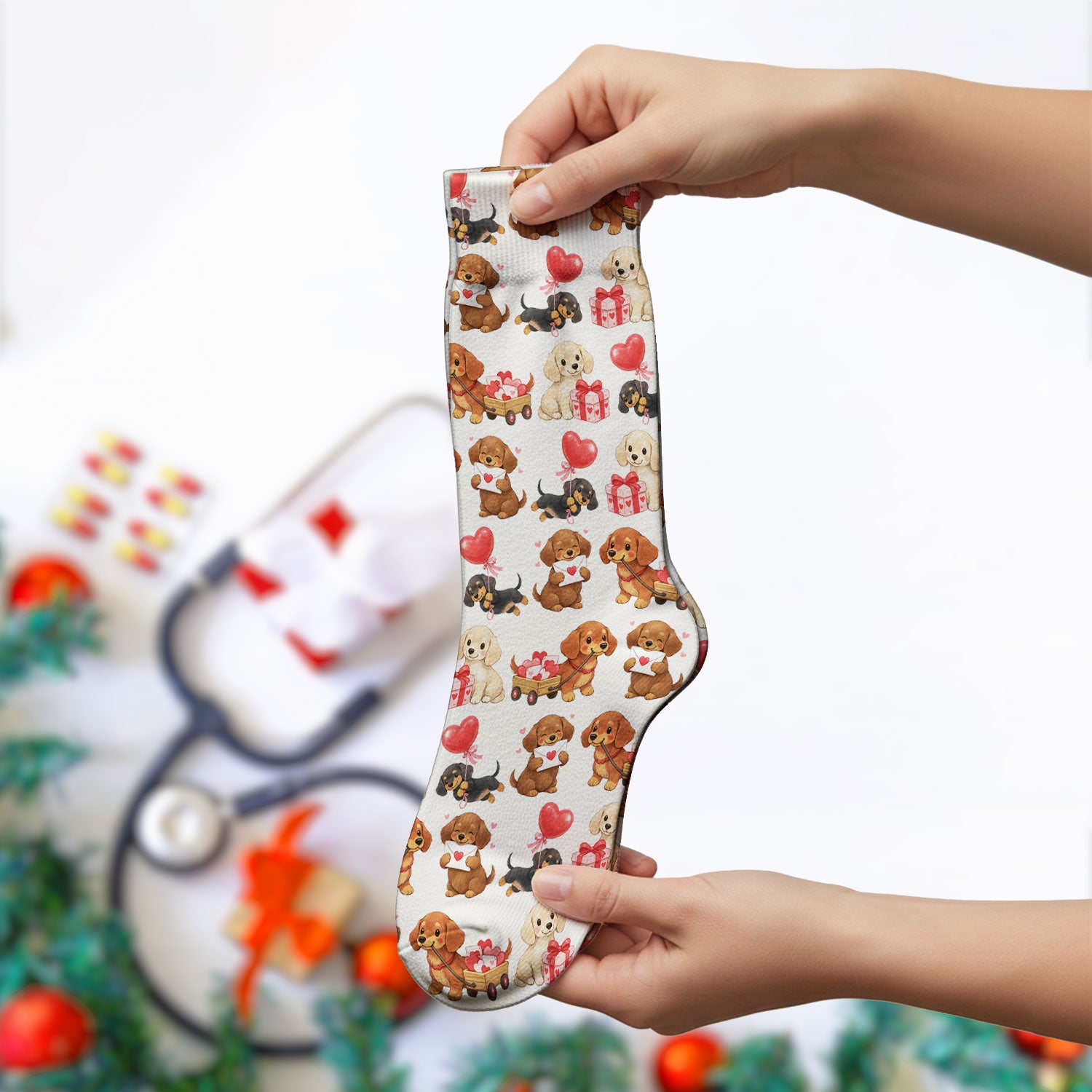 Cute Dachshund Nurse Scrub Socks For Nurses, Wiener Dog Pattern Nurse Sock, Breathable Fabrics Nursing Uniform