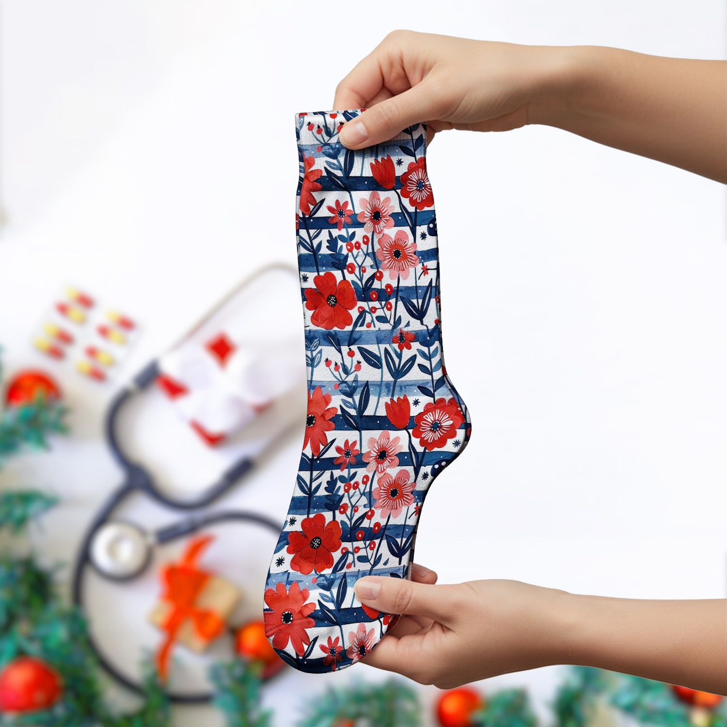 Red Poppy Navy Stripe Pattern Socks, Adult Socks for Men and Women