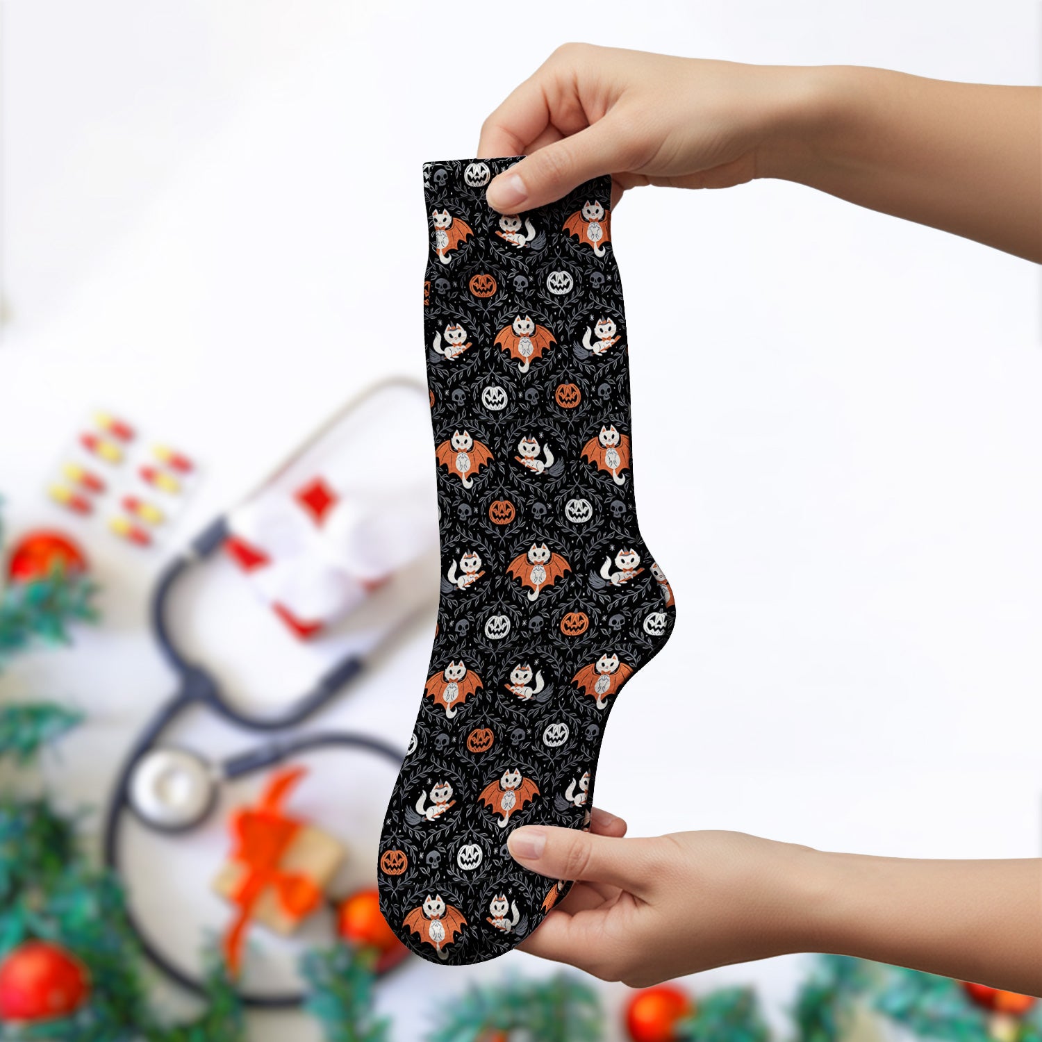 Cute Halloween Vampire Cat Pattern Socks, Adult Socks for Men and Women