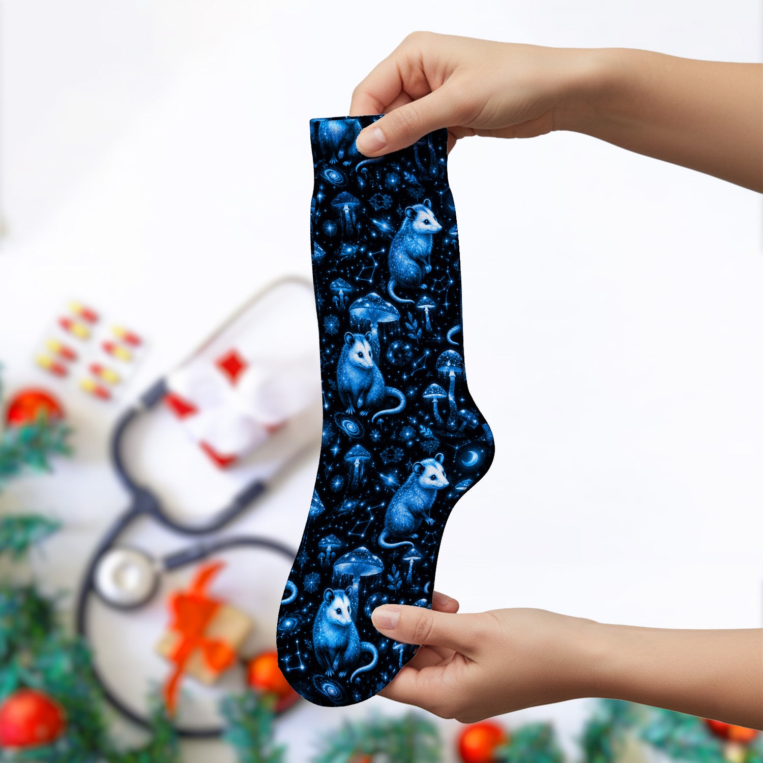 Celestial Blue Opossum With Mushroom Pattern Socks, Adult Socks for Men and Women