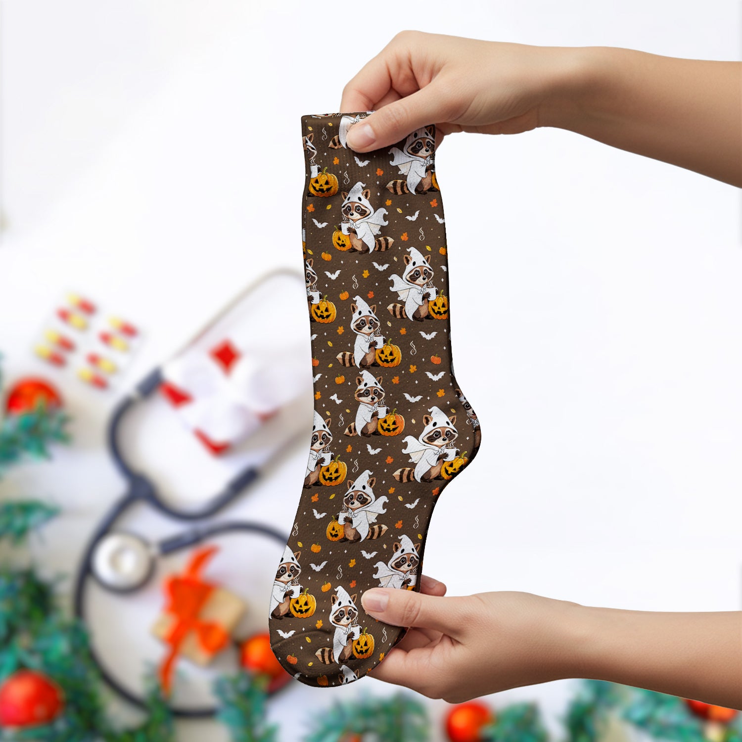 Halloween Ghost Raccoon Pumpkin Socks, Adult Socks for Men and Women