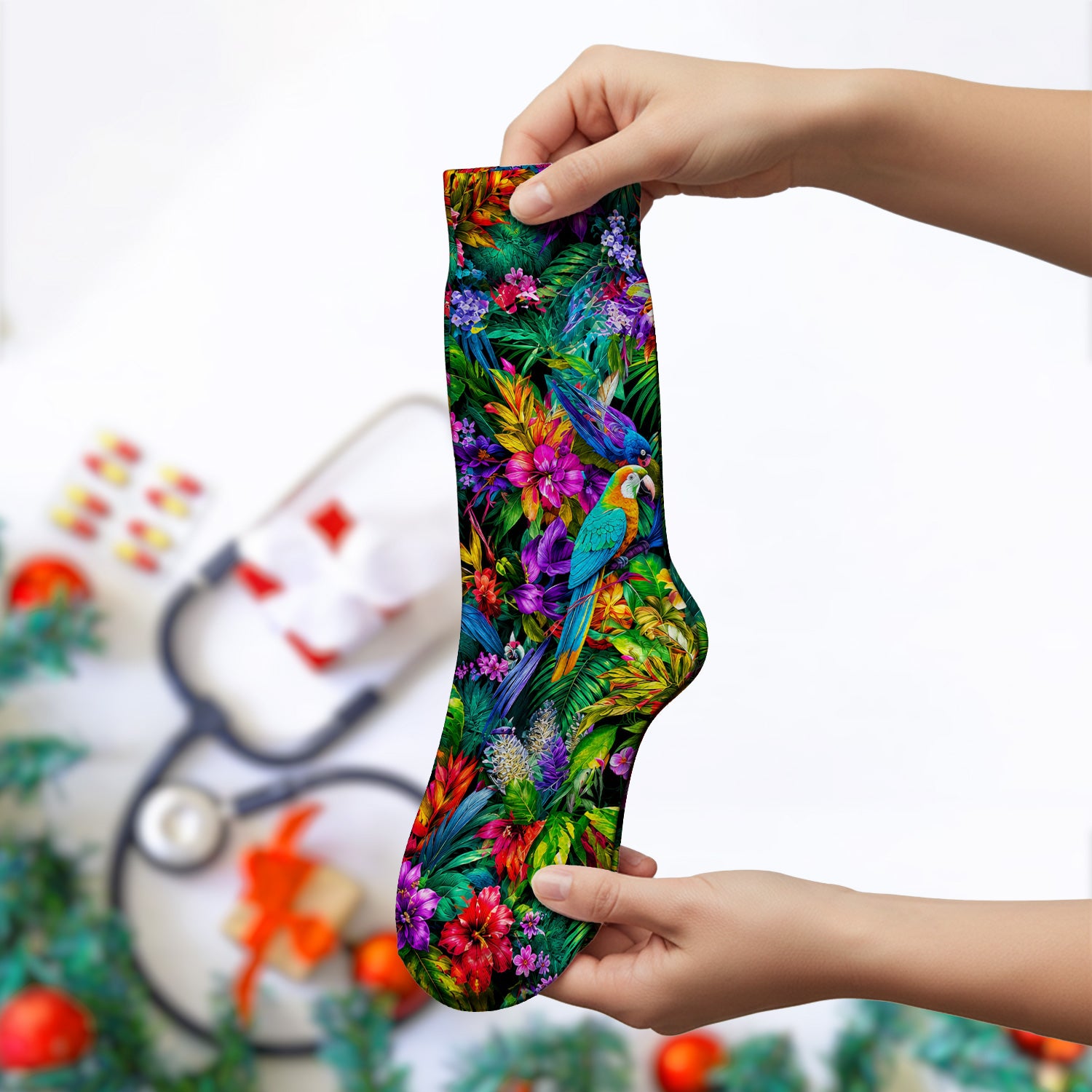 Tropical Parrot Jungle Blossom Pattern Socks, Adult Socks for Men and Women