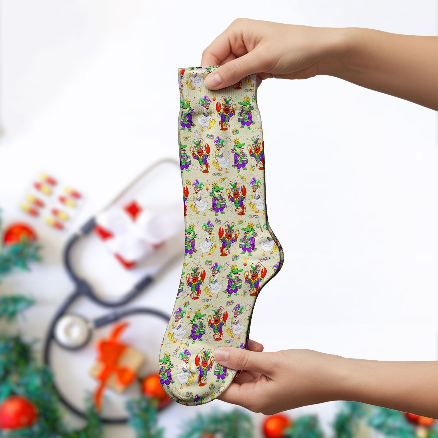 Crawfish And Duck Carnival Scrub Socks, Mardi Gras Parade Pattern Nurse Sock, Breathable Fabrics Nursing Uniform