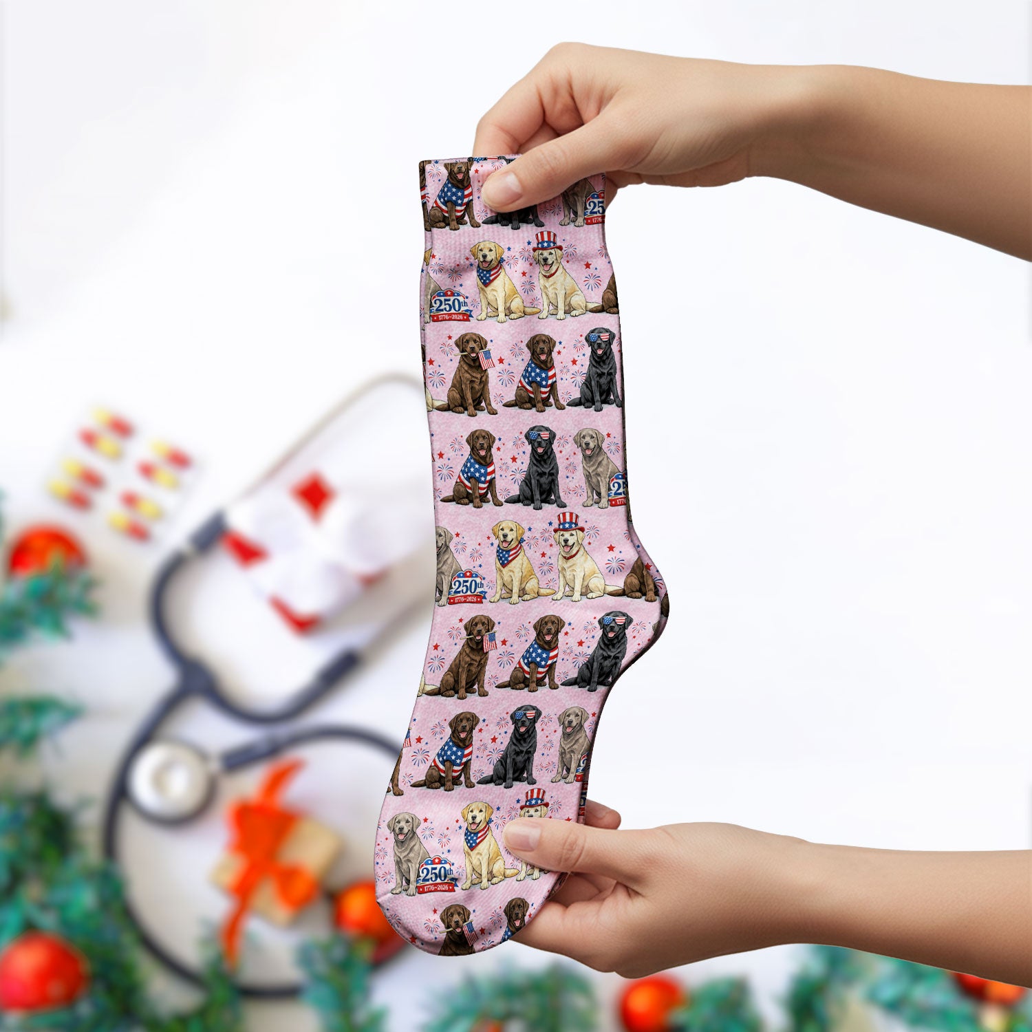 4th of July Labrador Dog Patriotic Print Socks, Breathable Fabrics Medical Uniform