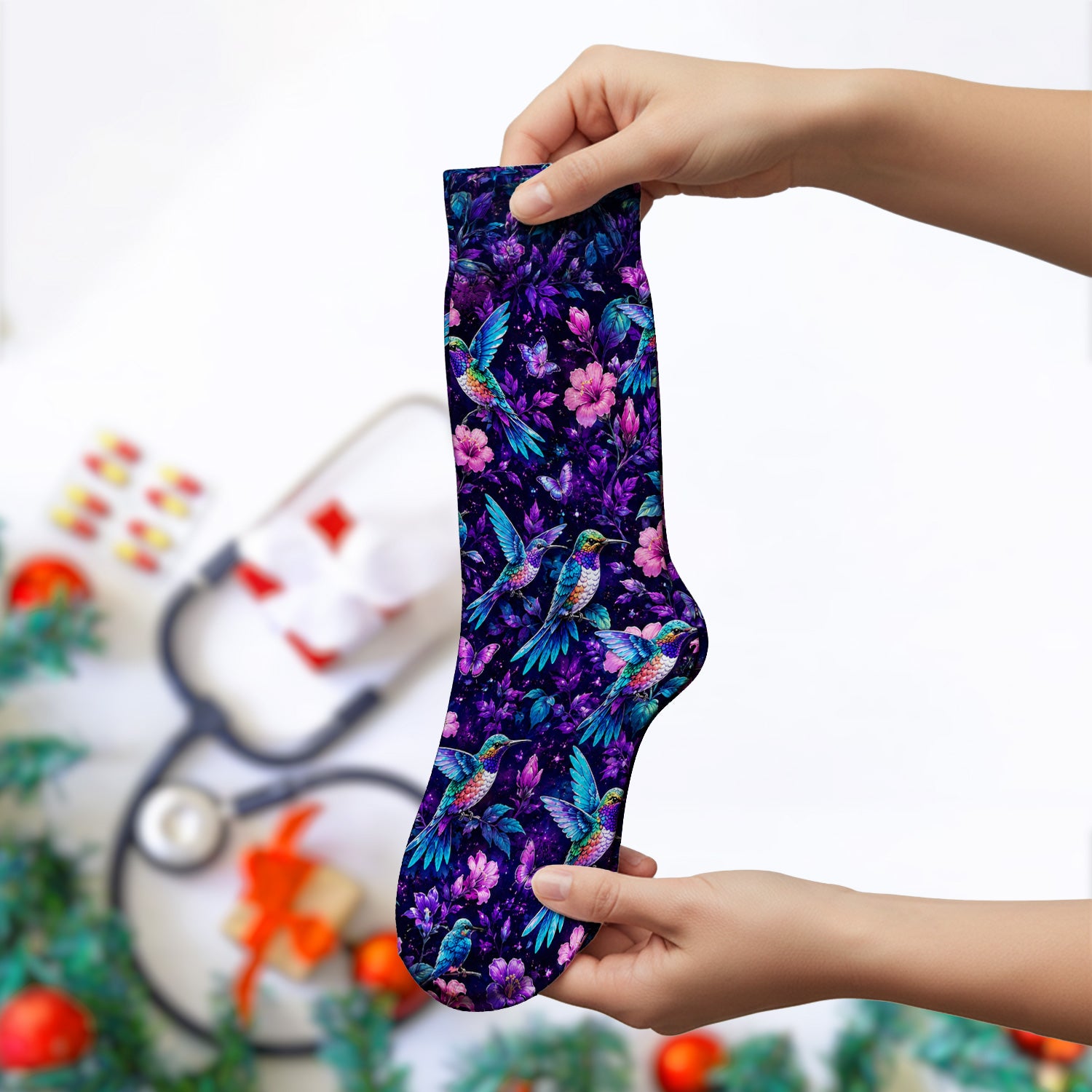 Vibrant Hummingbird Hibiscus Blossom Pattern Socks, Adult Socks for Men and Women