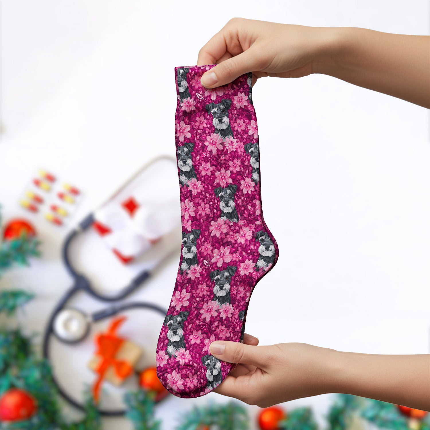 Pink Floral Schnauzer Pattern Socks, Adult Socks for Men and Women