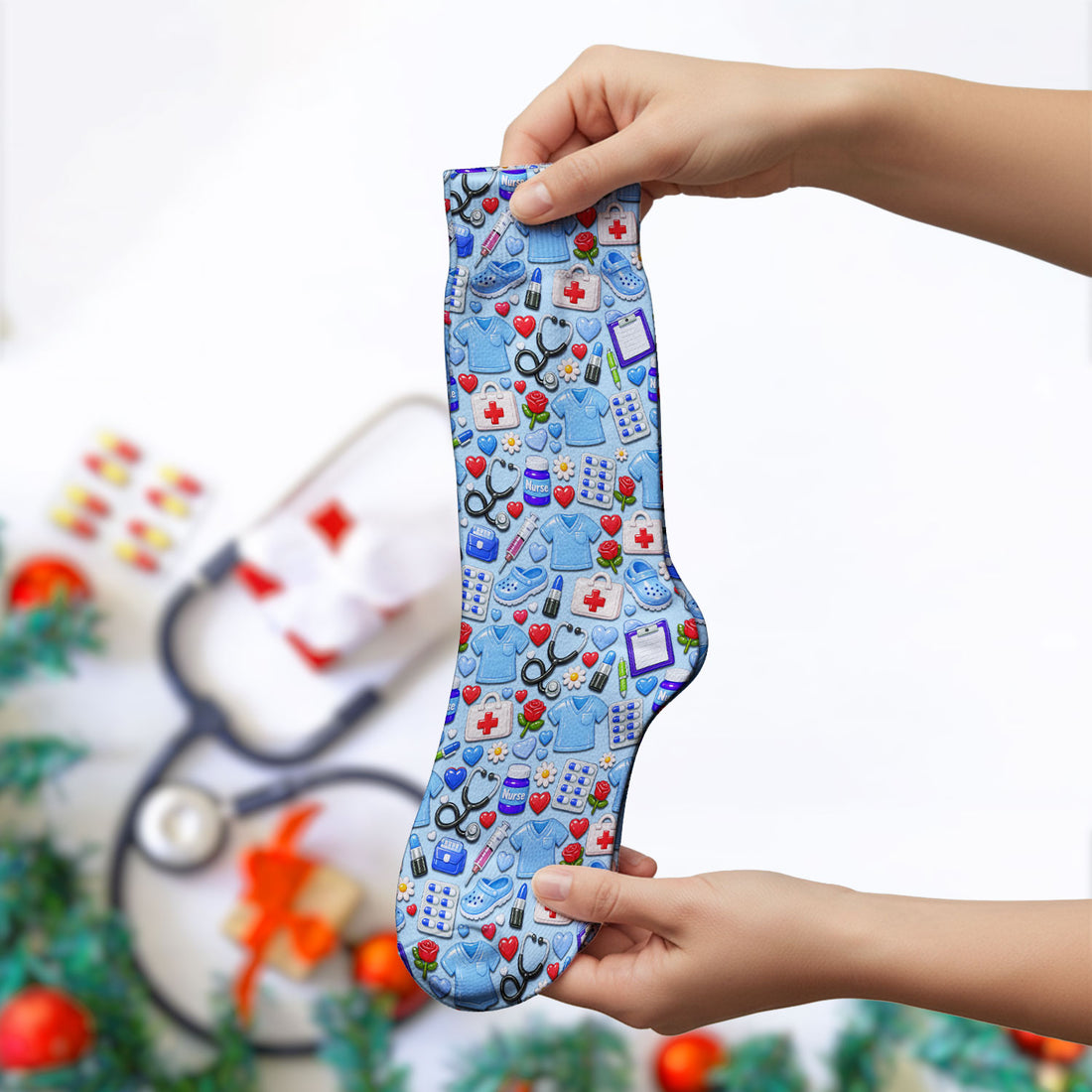 Medical Icons Scrub Socks, Cute Pattern Nurse Sock, Breathable Fabrics Nursing Uniform