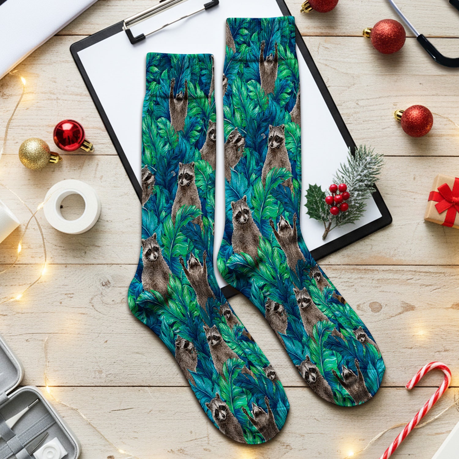 Tropical Raccoon Jungle Leaves Pattern Socks, Adult Socks for Men and Women