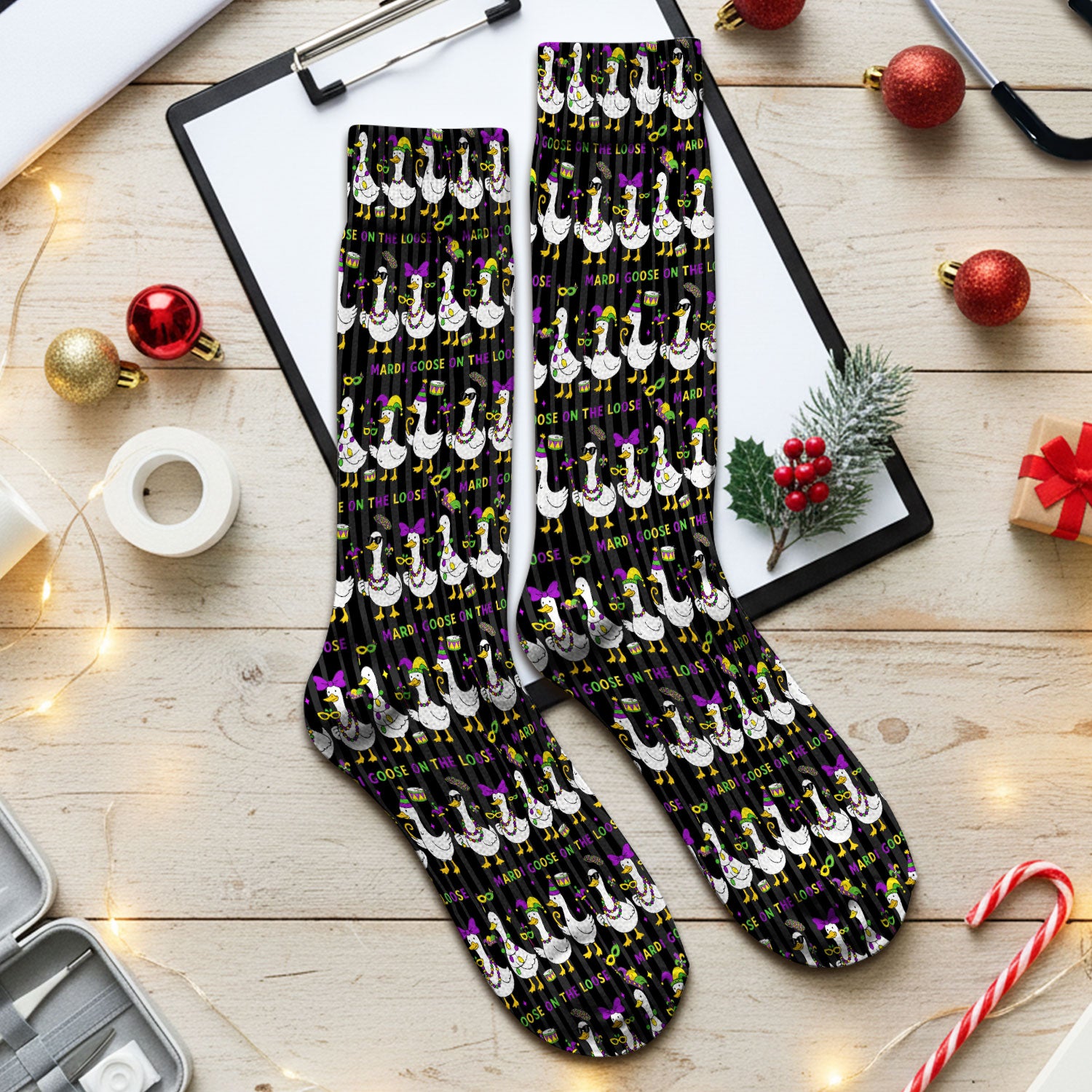 Mardi Gras Goose Nurse Scrub Socks, Funny Carnival Medical Pattern Nurse Sock, Breathable Fabrics Nursing Uniform