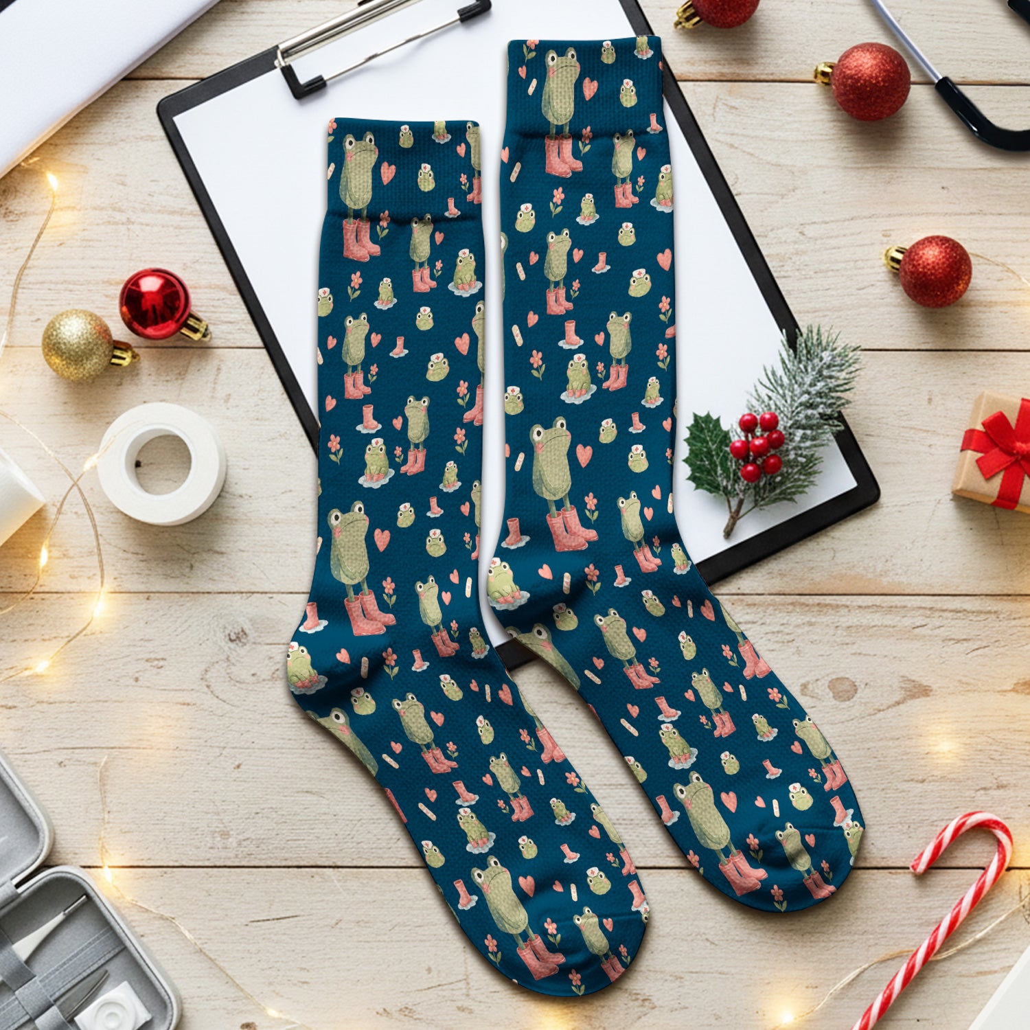 Adorable Frog Boots Heart Pattern Socks, Breathable Fabrics Medical Uniform