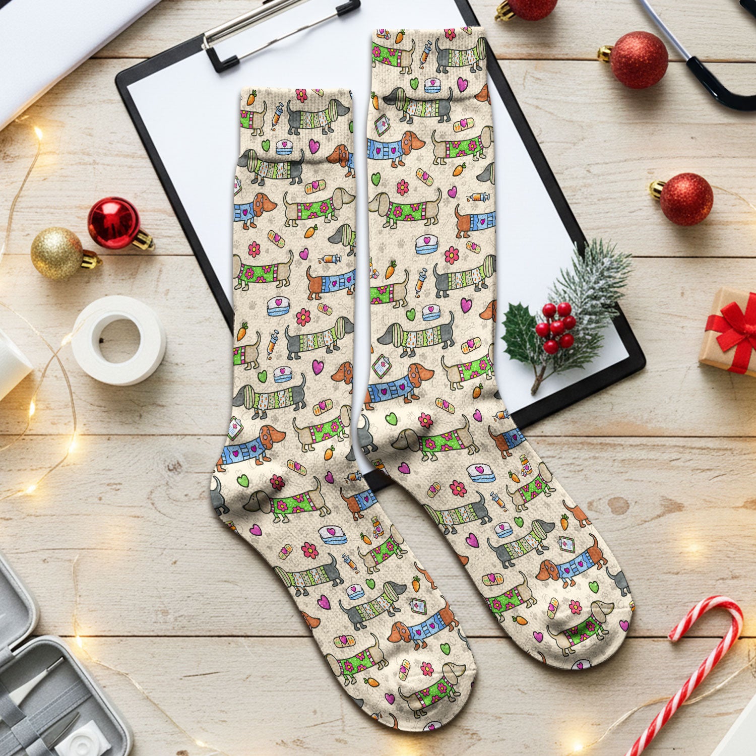 Cute Dachshund Nurse Scrub Socks, Funny Wiener Dog Nursing Sock, Breathable Fabrics Nursing Uniform