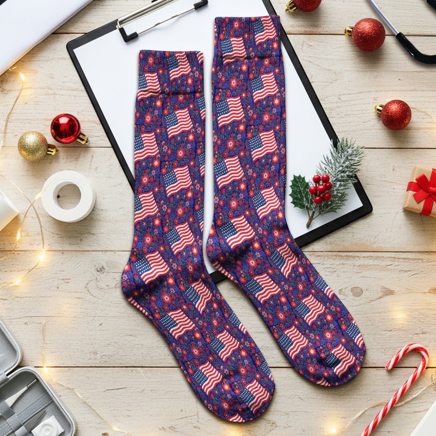 Patriotic USA Flag With Floral Fireworks Pattern Socks, Adult Socks for Men and Women
