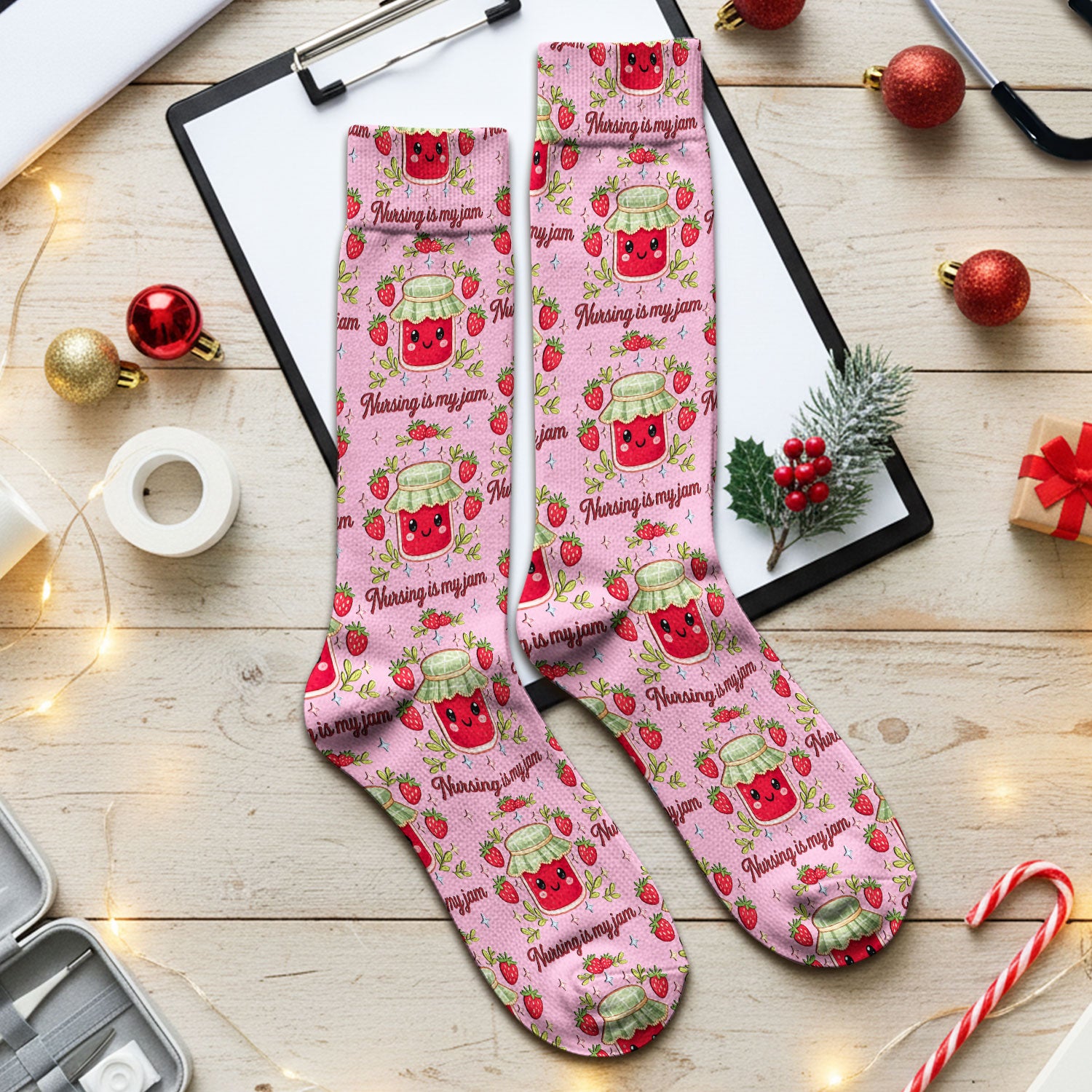 Cute Strawberry Jam Nurse Pattern Socks, Breathable Fabrics Medical Uniform