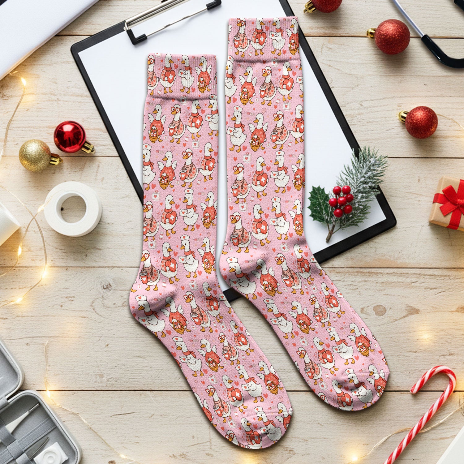 Valentine Goose Nurse Scrub Socks, Heart Medical Pattern Nurse Sock, Breathable Fabrics Nursing Uniform