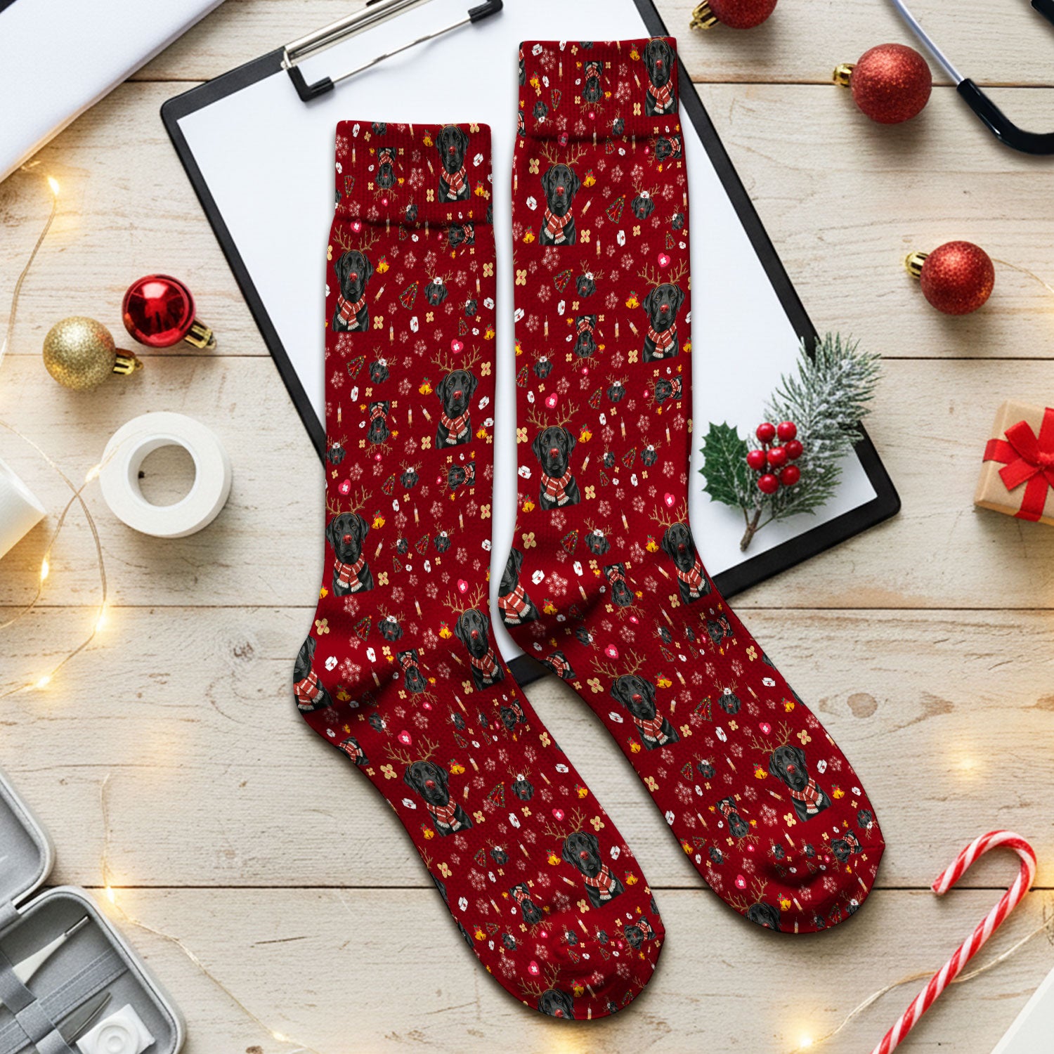 Funny Black Lab Reindeer Socks for Nurse Doctor - Christmas Puppy Adult Socks for Men and Women